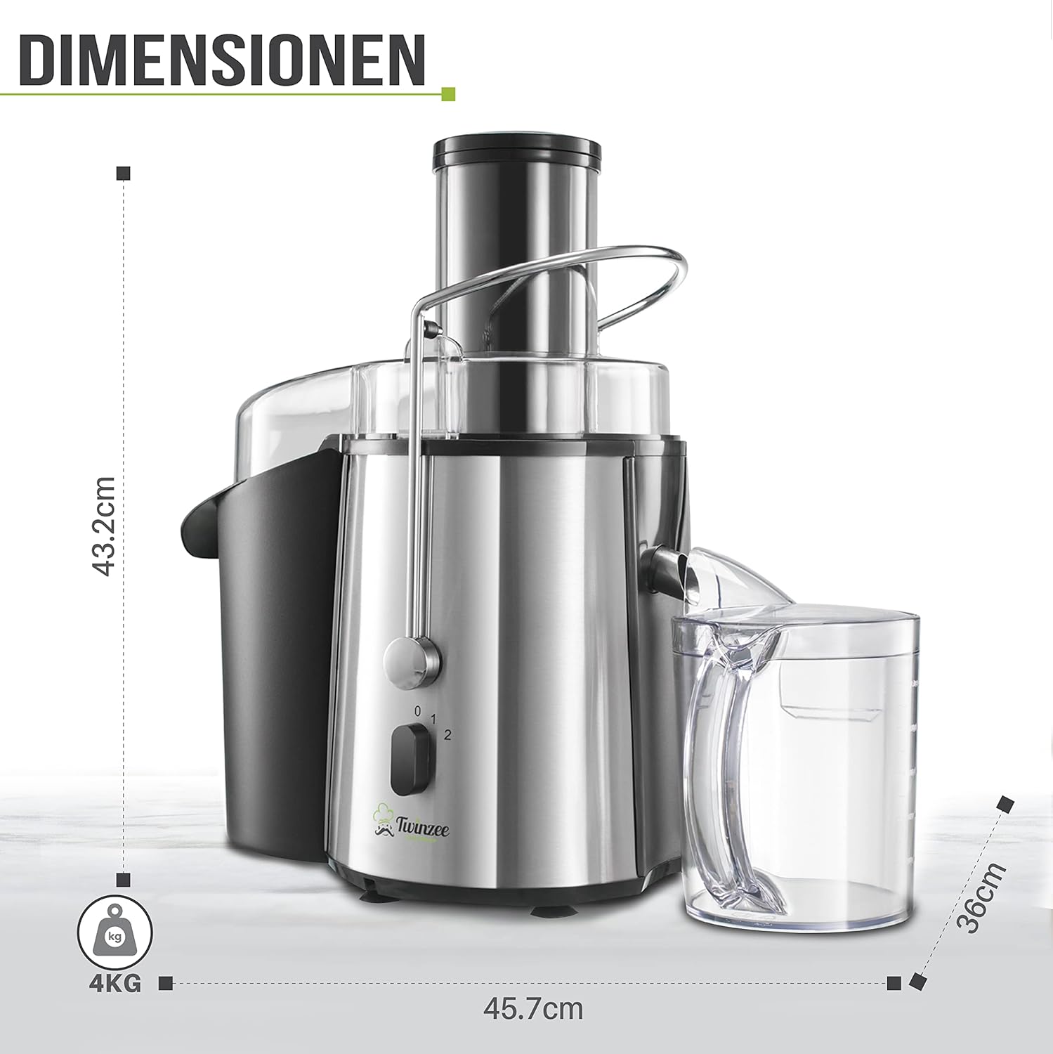 Entsafter für Gemüse und Obst von Twinzee – 850 W Zentrifugal-Entsafter – 2 Geschwindigkeitsstufen, großer Einfüllkanal, rutschfeste Füße – Elektrischer Entsafter, hochwertig für gesunde Ernährung – Bild 9