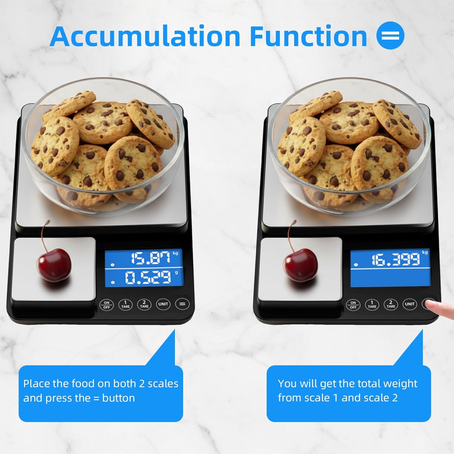 Diyife Küchenwaage mit 2 Plattformen, multifunktionale Küchenwaage digital 15 kg/1 g & 500 g/0,01 g, Präzisionswaage mit 7 Einheiten, LCD-Display, Tara-Abschaltautomatik, intelligente Gewichtskumulation – Bild 4