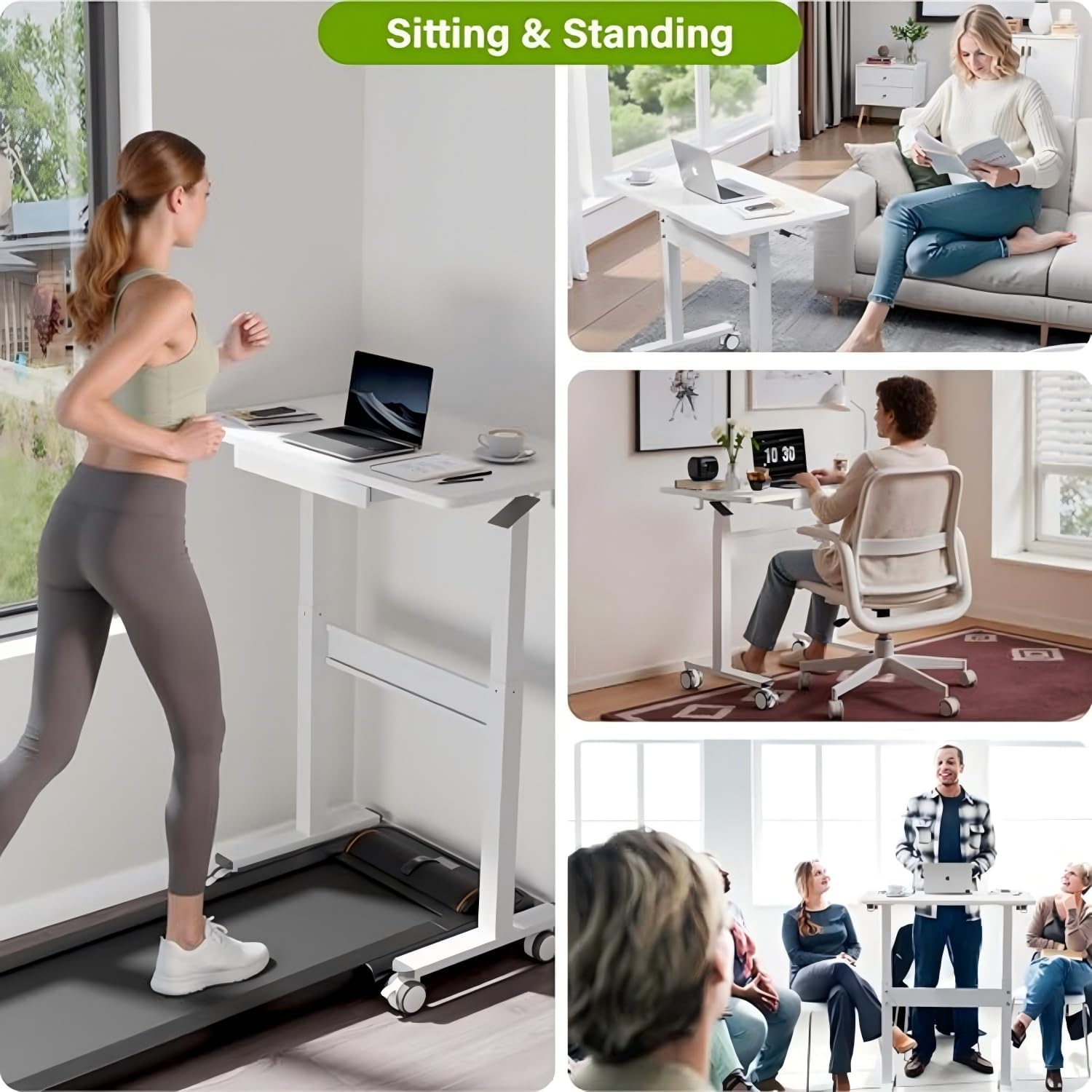Computertisch, pneumatisch höhenverstellbar (88 x 50 cm), Laptoptisch mit Rollen und Schublade, Überbetttisch, Stehsitzschreibtisch für Büro, Wohnzimmer, Schlafzimmer, kleine Räume, Weiß – Bild 5