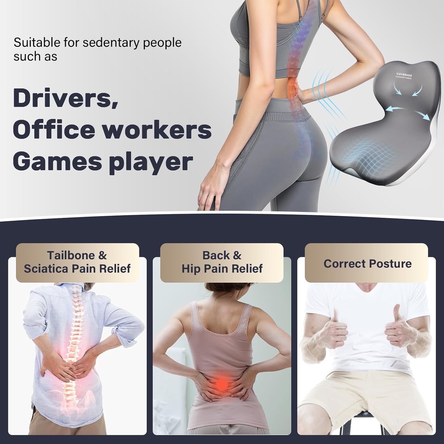 Coverado Sitzkissen und Lendenwirbelstützkissen einteilig für Bürostuhl und Autositz, ergonomisches Memory-Schaum-Rückenstützkissen, Ischias- und Rücken- und Steißbein-Schmerzlinderungskissen – Bild 7