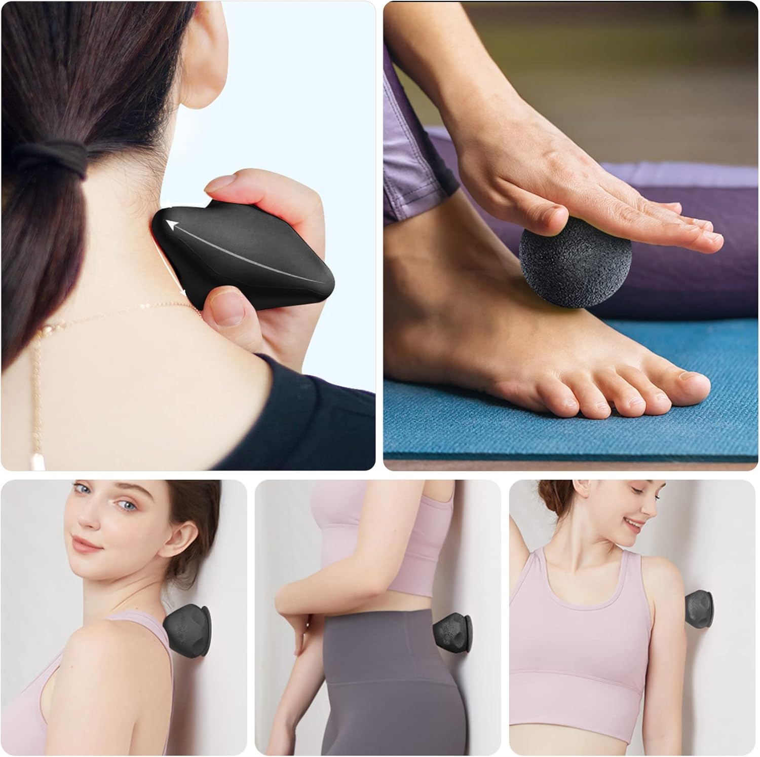 Triggerpunkt-Rakel-Massagegerät + Faszienball, schmerzfreies Press-Set mit Saugnapf und Tasche für Muskelschmerzen und Verspannungen, Osteopressur-Quetsch-Massagegerät zur Selbstmassage (schwarz) – Bild 7