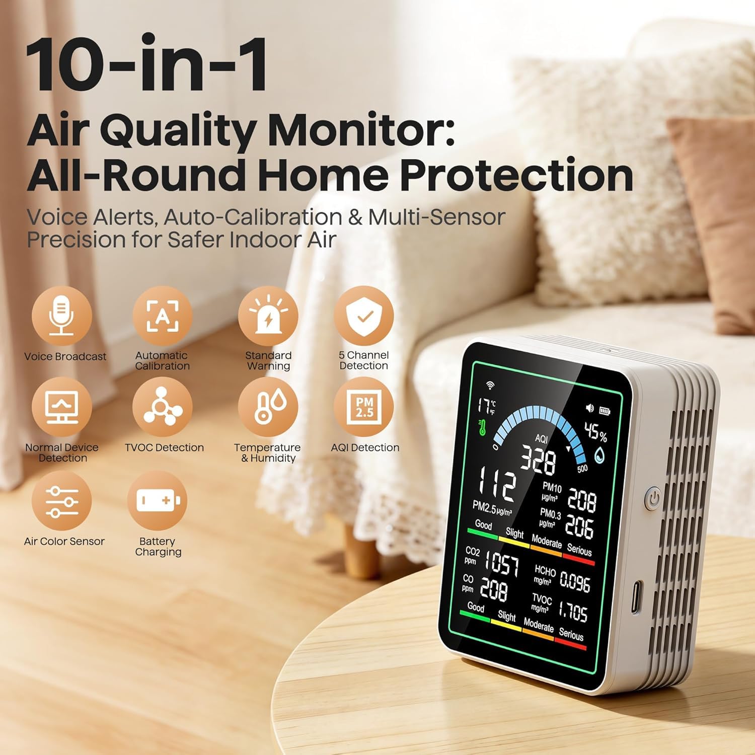Luftqualitätsmonitor für den Innenbereich, 10-in-1 tragbarer Smartair-Qualitätstester für CO2 | CO | TVOC | HCHO | Temperatur | AQI | PM0.3-1 Brummerkennung für Zuhause, Autos, Pflanzen, Haustiere, Auto, Hotel (weiß) – Bild 2