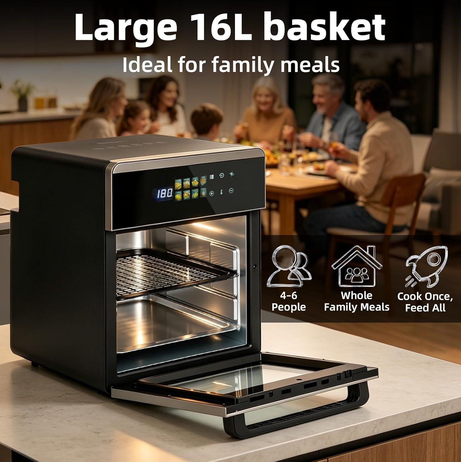 Heißluftfritteuse, 16 Liter, Edelstahl, 8-in-1-Multifunktionsofen, Heißluftfritteuse und Backofen, Airfryer, Grillen, Backen, inklusive Backblech, Trockenblech, Ofenrost, Edelstahl – Bild 6