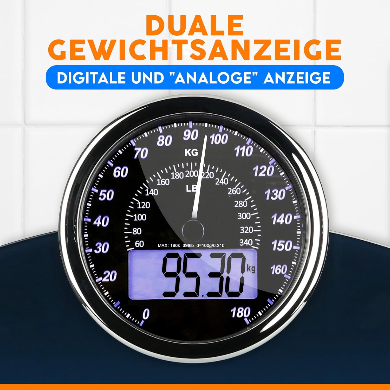 ZENO Hybrid 2-in-1 digitale und analoge Körperwaage bis 180 kg, dickes gehärtetes Glas, extra großes Display, gut ablesbare digitale Personenwaage, Dunkelblau – Bild 3