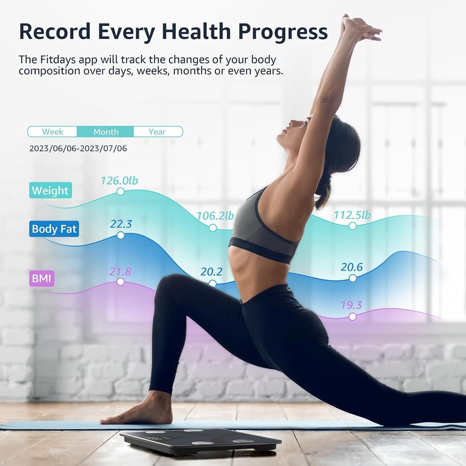 Haltungs-Personenwaage, Körperfettwaage, digital, mit 13 Messwerten, Gewichtswaage mit BMI-Gesundheitsmonitor, Synchronisierung mit Apps, bis zu 180 kg – Bild 3