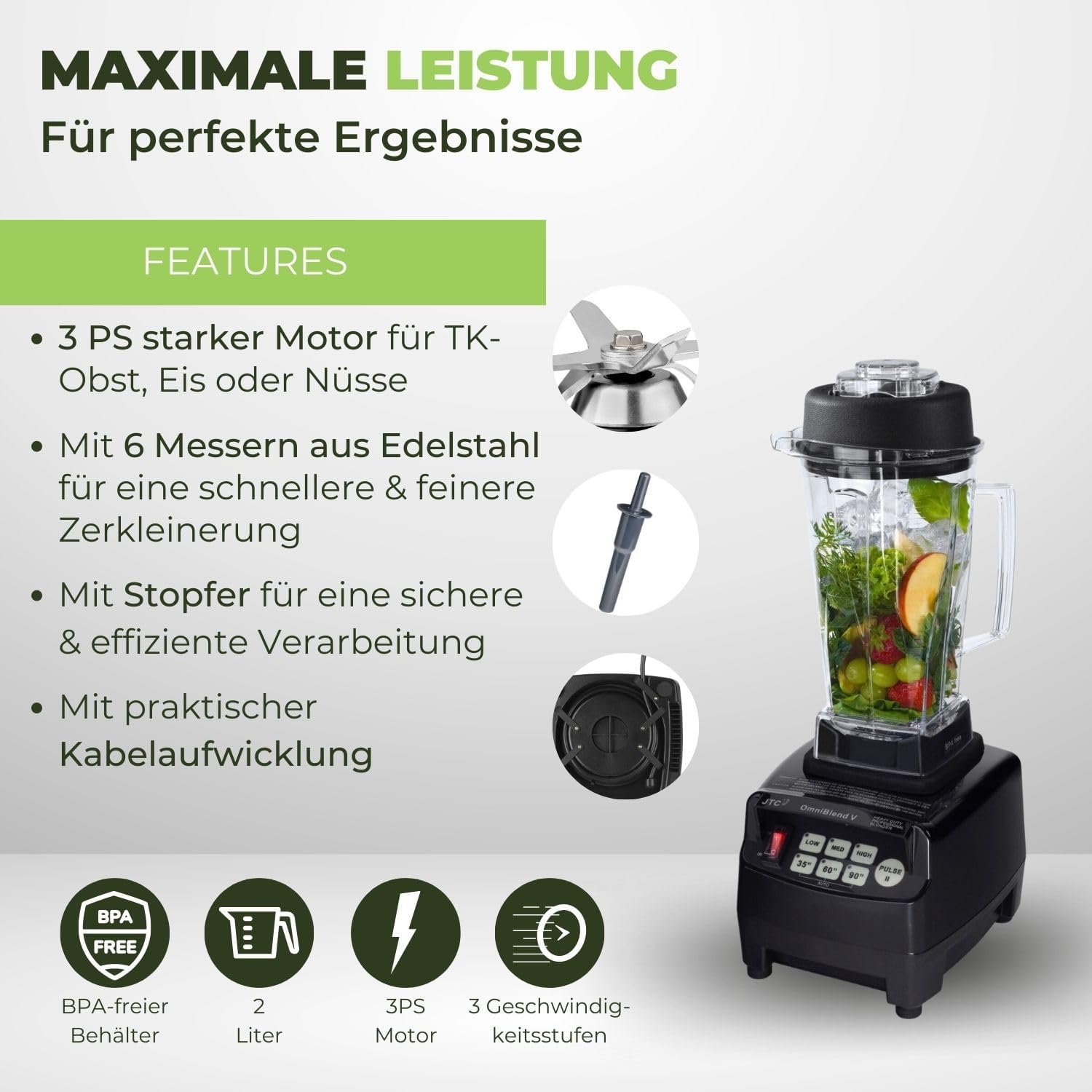 OmniBlend Smoothie Maker 2L in Schwarz I Smoothie Mixer inklusive BPA-freiem Behälter & 6-Klingen-System aus Edelstahl I Mixer Smoothie Maker ideal für grüne Smoothies I Standmixer mit 3 PS Motor – Bild 3