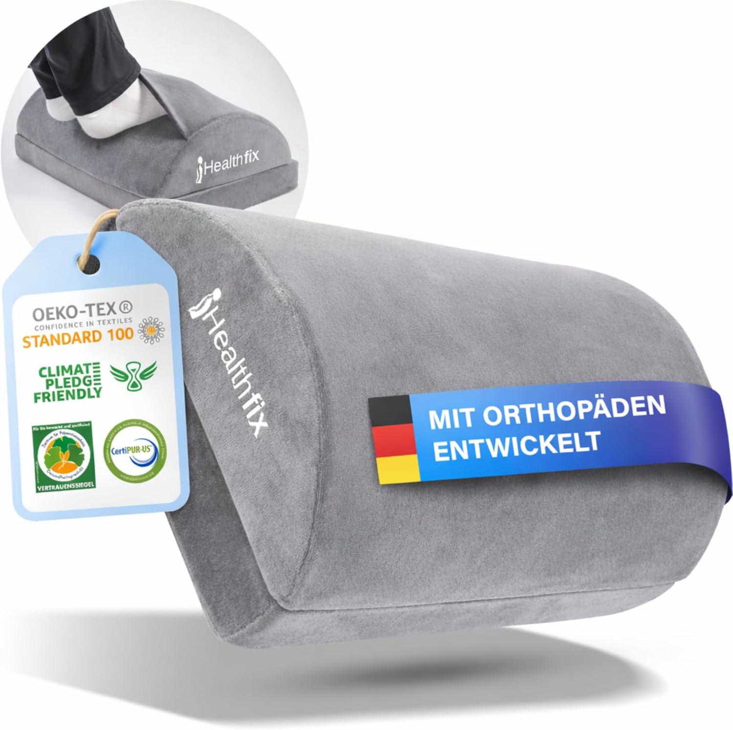 Healthfix Fußstütze Schreibtisch ergonomisch höhenverstellbar, warme Füße dank Fußtasche, Fußablage für Büro und Homeoffice (Grau)