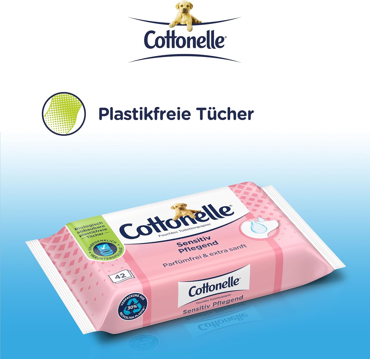 Cottonelle Feuchtes Toilettenpapier, empfindlich pflegend – parfümfrei, biologisch abbaubar, plastikfrei, wiederverschließbar, Vorteilspackung, 12 x 42 Feuchttücher – Bild 6