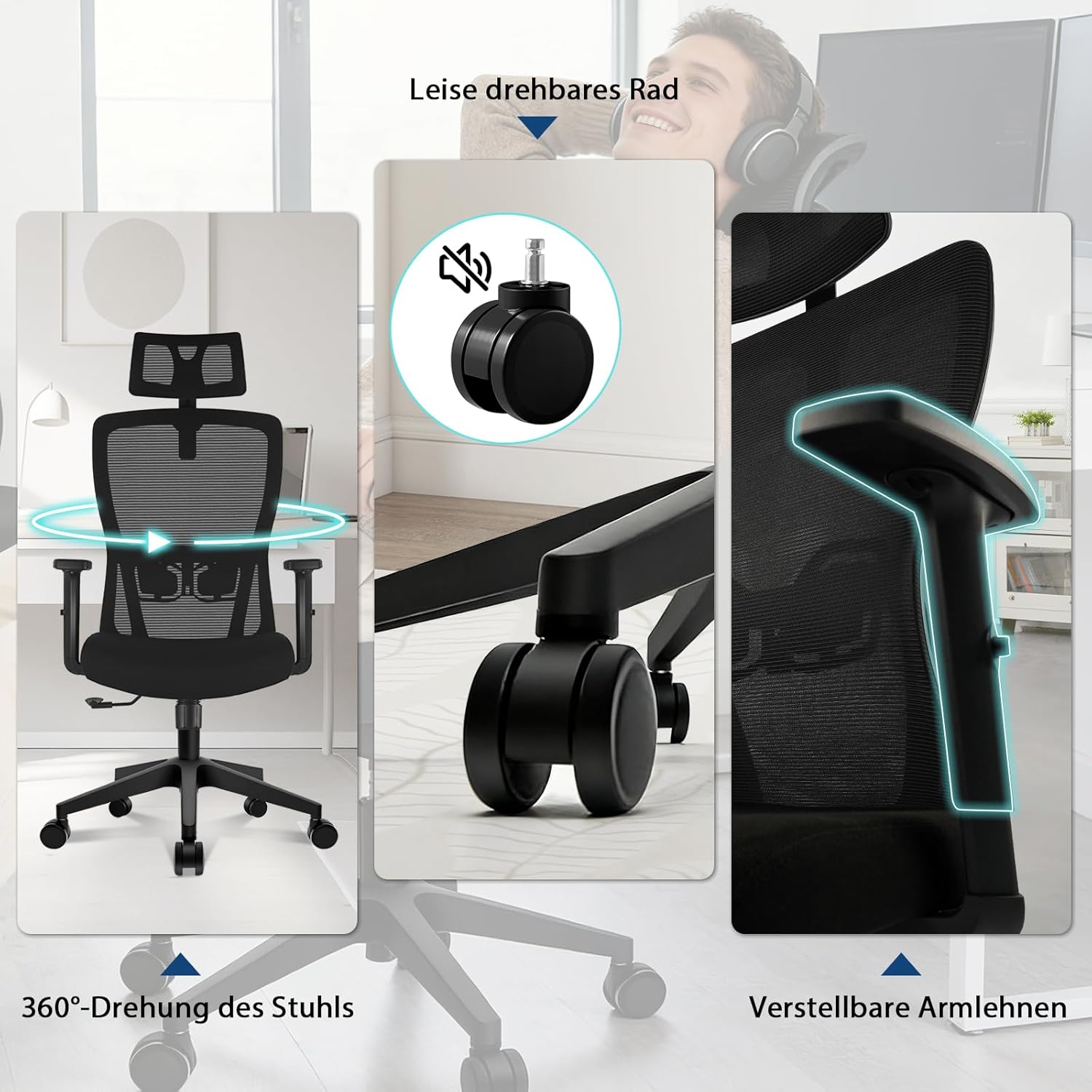 Durrafy Bürostuhl, ergonomischer Bürostuhl, 150 kg belastbar, verstellbare Lordosenstütze, Kopfstütze & Armlehnen, Drehstuhl mit Liegefunktion, hohe Rückenlehne als Schreibtischstuhl, schwarz – Bild 7