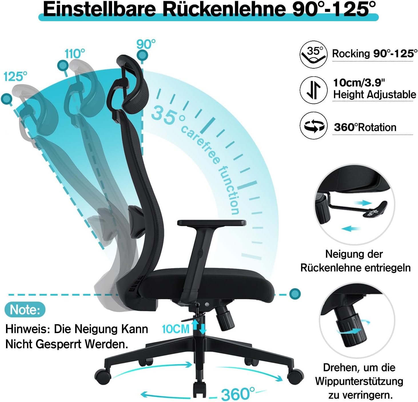 Ergonomischer Bürostuhl, Schreibtischstuhl mit verstellbaren Kopfstützen und Armlehnen, Drehstuhl mit 4 cm Schaumstoff-Lendenkissen, Bürostühle mit Netzbezug, für Home Office (schwarz) – Bild 4