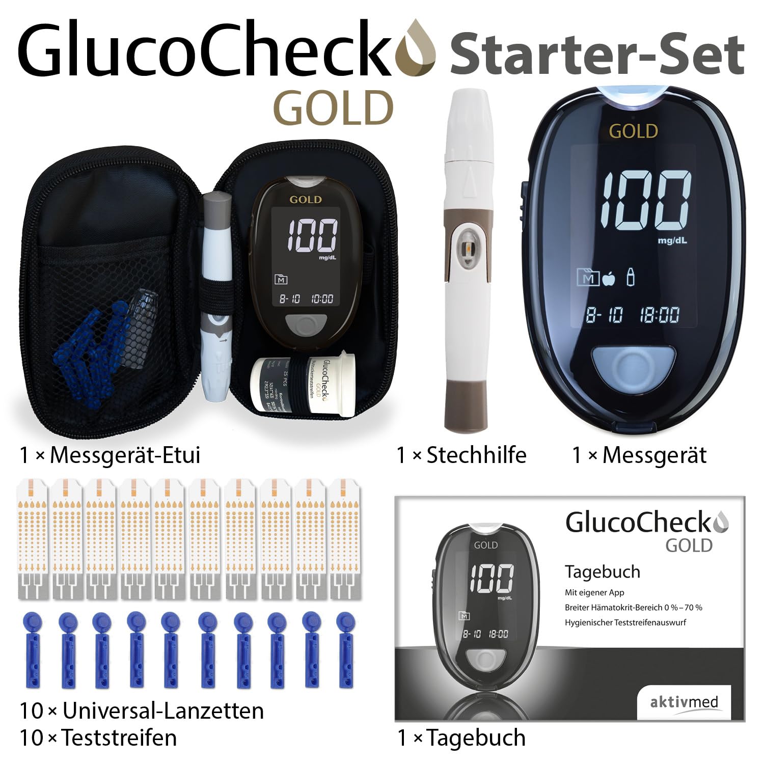GlucoCheck Gold Blutzuckermessgerät-Set (mg/dL) mit 10 Blutzucker-Teststreifen, 10 Lanzetten, 1 Stechhilfe, 1 Etui, Starter-Set zur Blutzucker-Selbstkontrolle – Bild 2