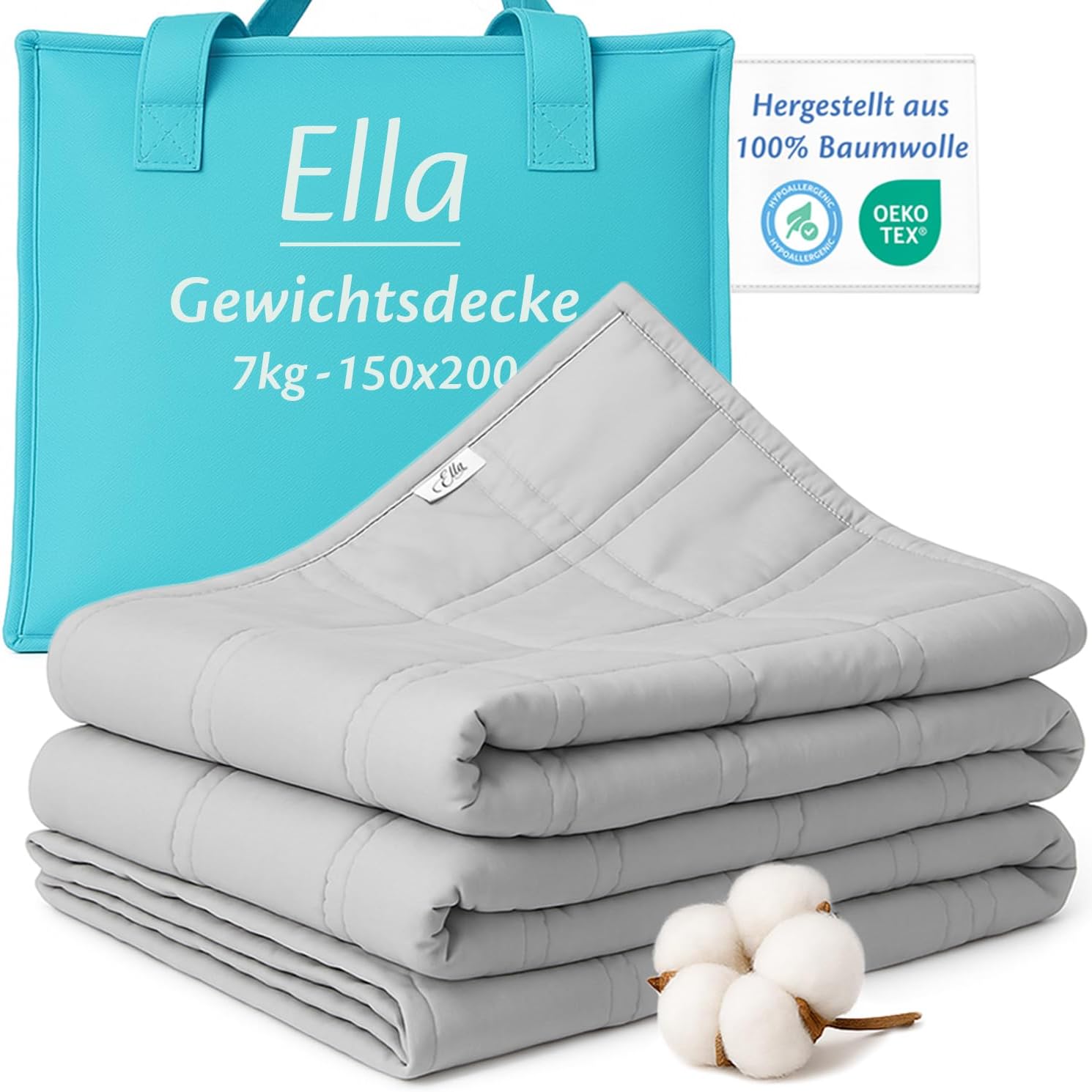 Ella Gewichtsdecke 150 x 200 cm, 7 kg, Anti-Stress-Therapiedecke, schwere Decke aus 100 % Baumwolle, Bettdecke für tiefen Schlaf & bessere Erholung, Gewichtsdecke für Männer, Frauen von 55–85 kg, grau