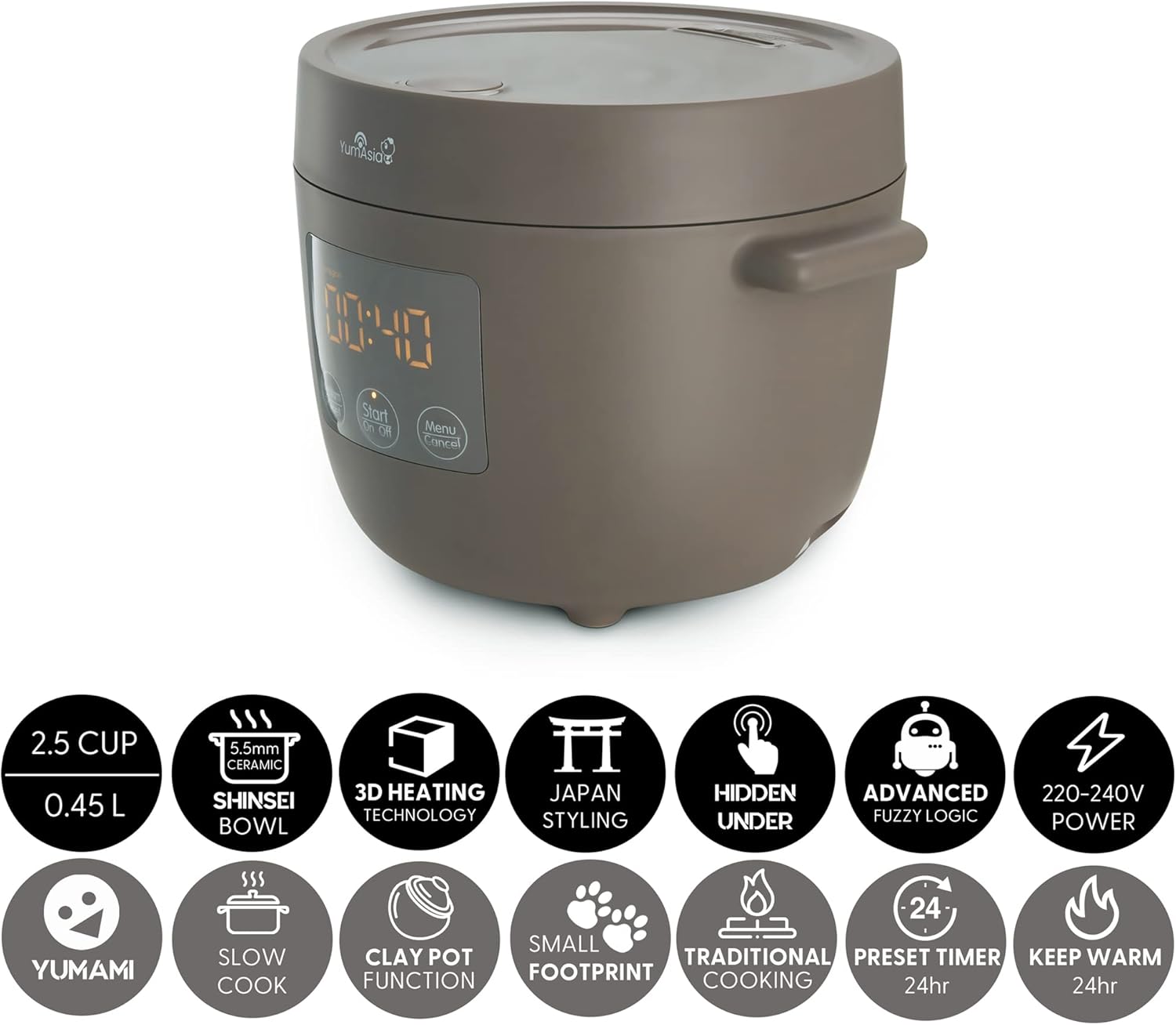 Yum Asia Tsuki Mini-Reiskocher mit Shinsei-Keramikschüssel (2,5 Tassen, 0,45 Liter), 5 Reiskochfunktionen, 2 Multicooker-Funktionen, versteckte LED-Anzeige, 220–240 V (Kieselgrau) – Bild 2