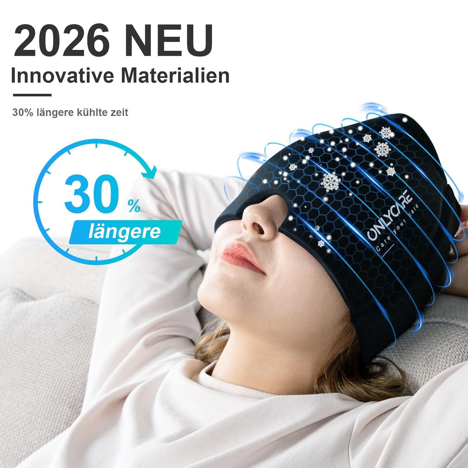ONLYCARE Migränemaske, verbesserte Migräne-Kühlmaske, Schlafmaske, Kühlkappe, Kühlhaube, 360°-Gel-Surround-Kühlpads zur Linderung von Migräne, Kopfschmerzen, Stress – Bild 2