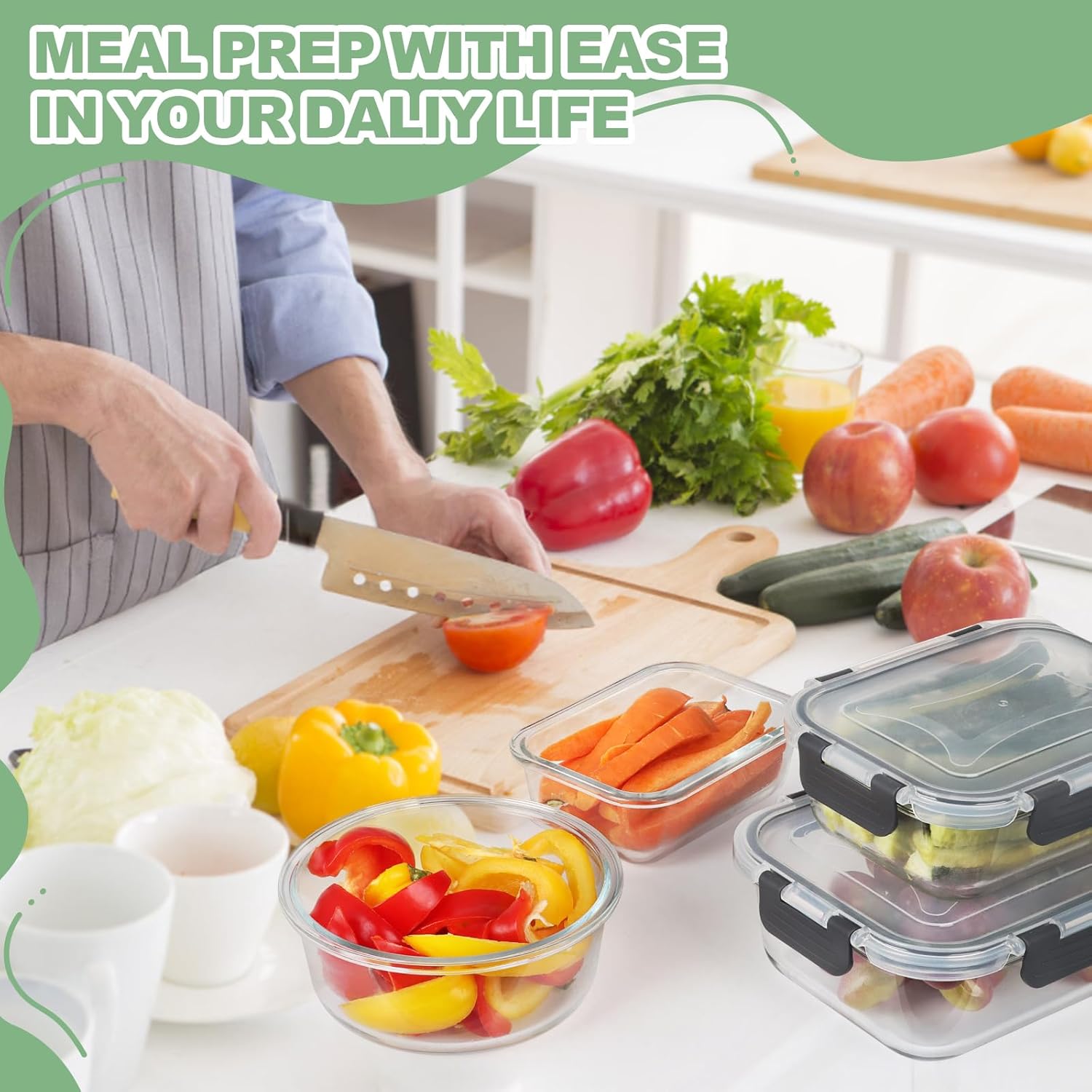 Skroam 24-teiliges Glasbehälter-Set mit Deckel – Frischhaltedosen für Lebensmittel, Meal-Prep-Boxen, mikrowellengeeignet, BPA-frei (12 Behälter & 12 Deckel) – Bild 6