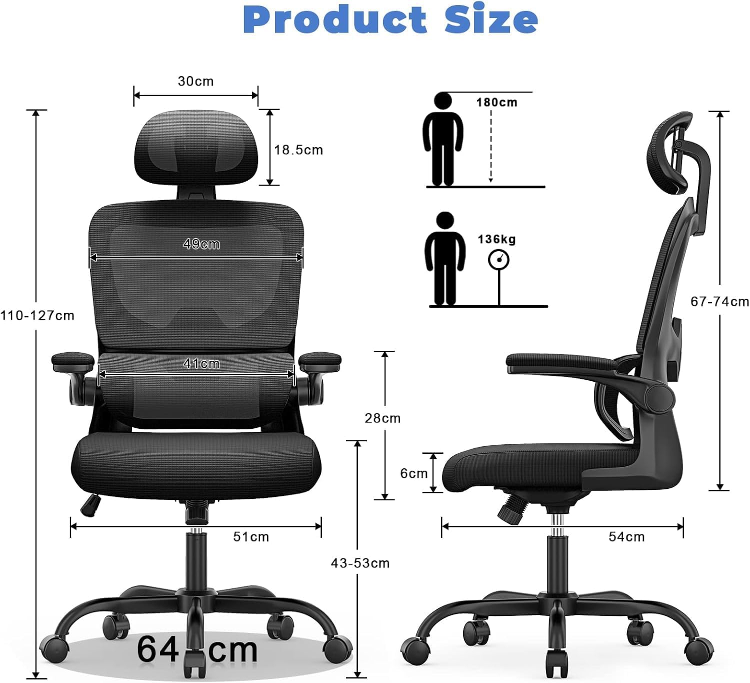naspaluro Ergonomischer Bürostuhl mit klappbaren Armlehnen, dynamische Lordosenstütze, höhenverstellbarer Bürostuhl mit 120°-Wippfunktion, Upgrade Schwarz – Bild 2