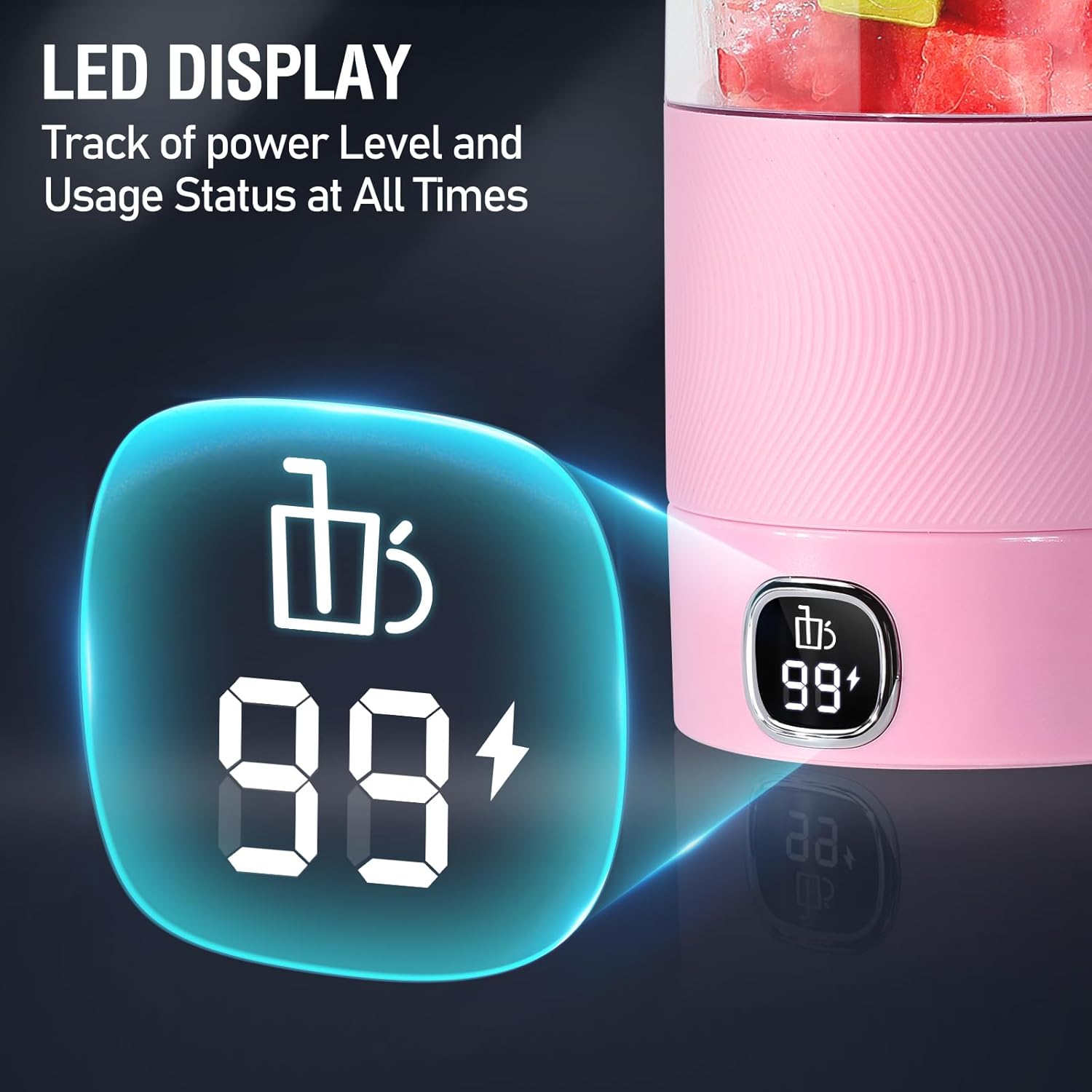 Spardar 350 ml tragbarer Mixer, Smoothie-Maker mit 6 Klingen, intelligentes LED-Display, wiederaufladbarer USB-Mixer, Tragegurt, zerkleinert Eis und gefrorene Früchte, Reisen und Arbeit, Pink – Bild 2