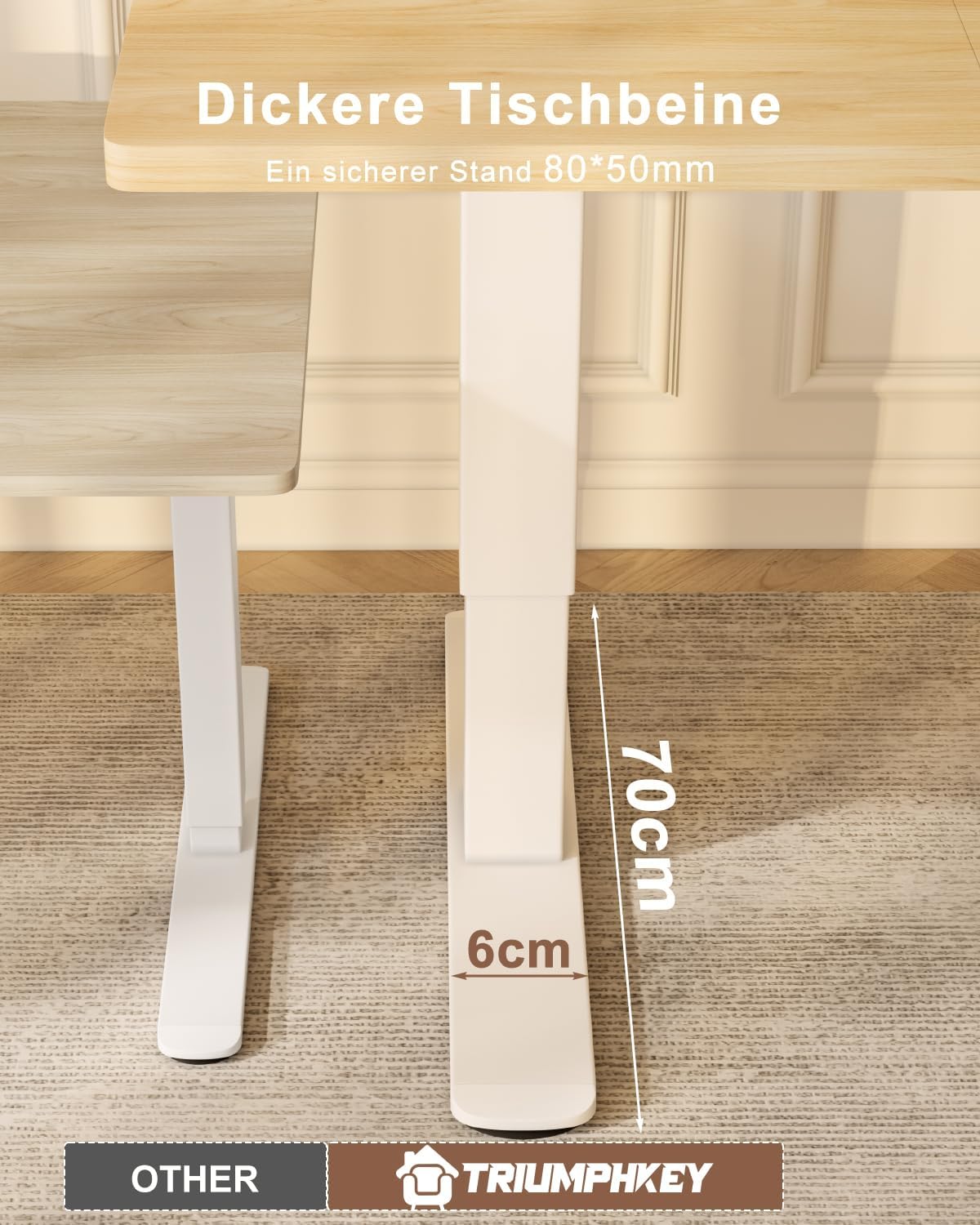 TRIUMPHKEY Höhenverstellbarer Schreibtisch, 160 x 80 cm, mit USB-Ladeanschluss, 3 Speichersteuerungen, höhenverstellbarer Schreibtisch mit Kabelbox, Computertisch, Stehpult, Beige – Bild 8