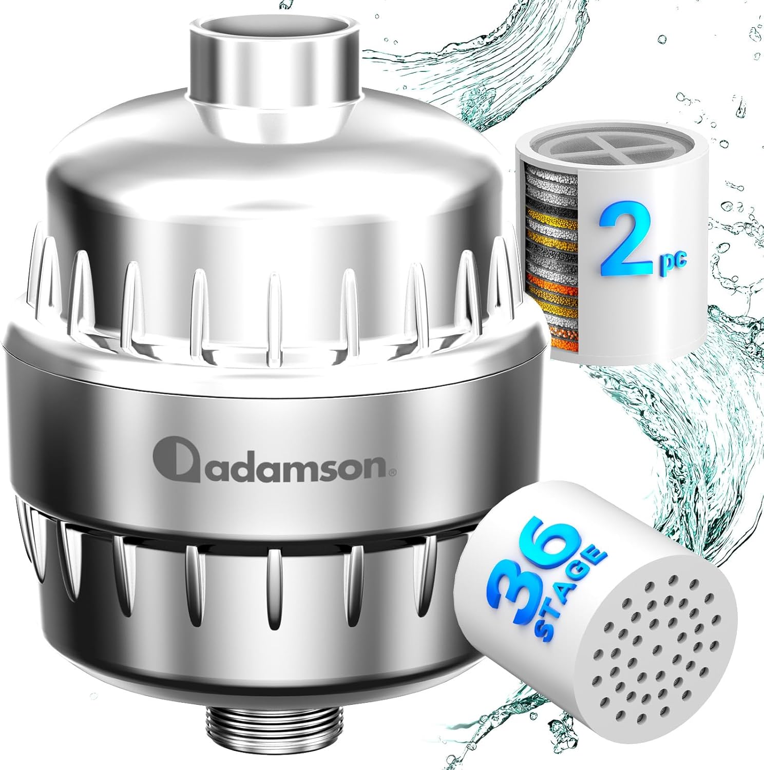 Adamson Duschfilter – 36-stufiger Duschfilter gegen Kalk und Chlor – Kalkfilter-Dusche & Wasserfilter-Dusche für weiche Haut und gesundes Haar – Duschkopffilter einfach zu installieren + extra Kartusche