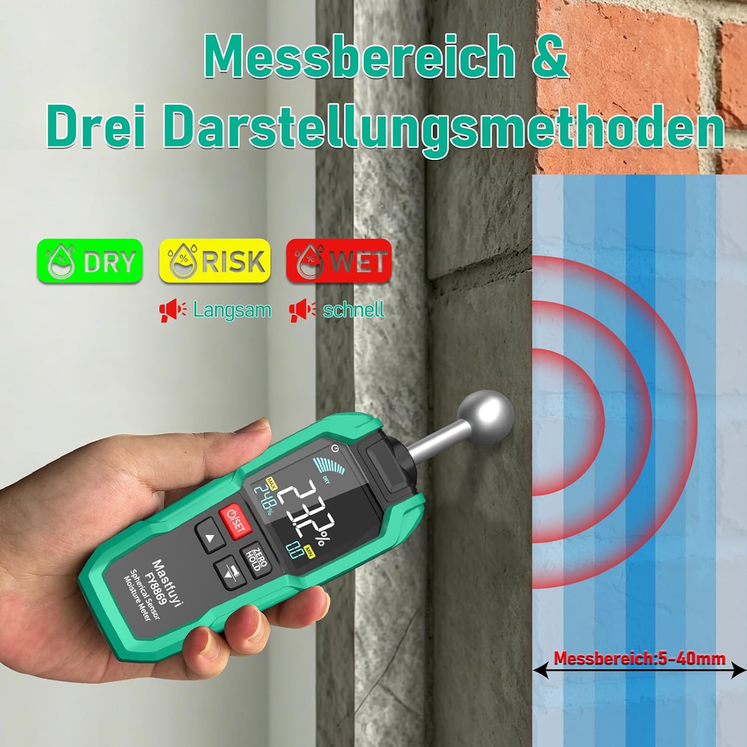 Feuchtigkeitsmesser, zerstörungsfreie Messung, Feuchtigkeitsmesser mit Farb-LCD und akustischem Alarm für Holz, Wand, Decke, Boden, Wohnmobil – Bild 3
