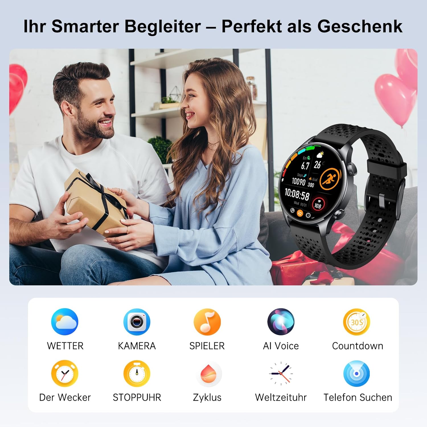 Runde Herren-Smartwatch mit integriertem GPS, 1,43 Zoll AMOLED Always-On-Display, 3ATM wasserdichte Fitnessuhr, 100+ Sportmodi, Herzfrequenz-/SpO2-/Schlafmonitor, Schrittzähler, iOS/Android, Schwarz – Bild 8