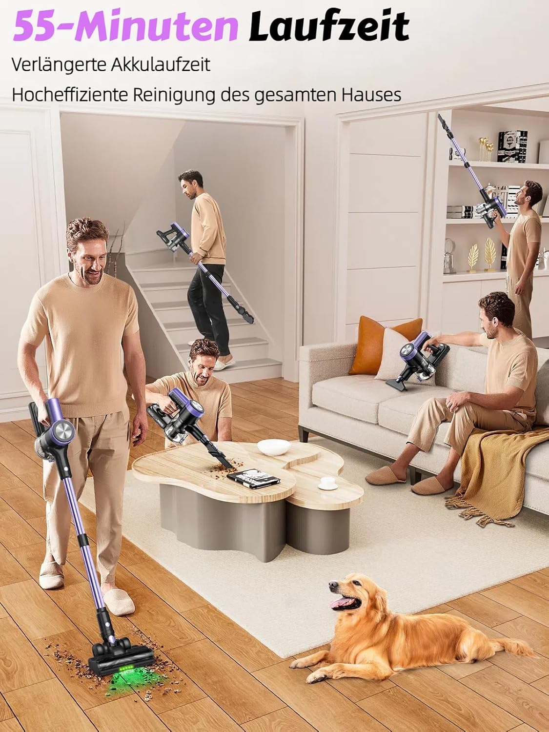 Akku-Staubsauger 48 KPa/500 W/55 Min. Laufzeit, kabelloser Staubsauger mit wandmontierter Ladestation, selbststehend, LED-Display, Anti-Tangle-Bürste, für Tierhaare, Teppiche & Hartböden, Lila – Bild 5