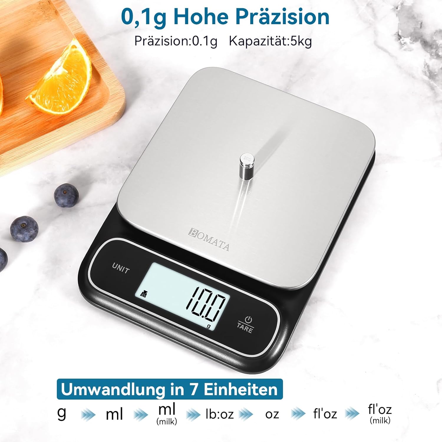 BOMATA Wasserdichte IPX6-Küchenwaage, 0,1 g hohe Präzision, 5 kg, digitale Waage mit Hintergrundbeleuchtung, Wiegeplattform aus Edelstahl, geeignet für Lebensmittel, Kochen, Backen usw. B619 Schwarz – Bild 2