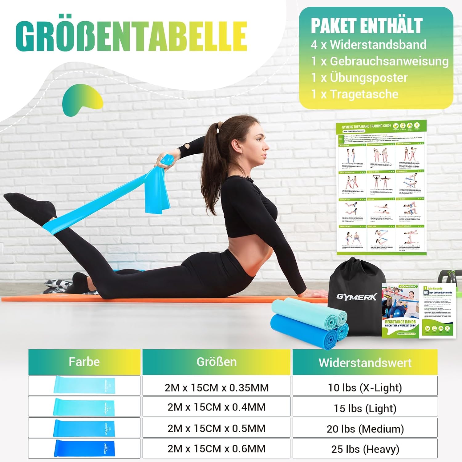 GYMERK Fitnessbänder Set 4er, 1,8M/2M Fitnessband, 4 Widerstandsstufen mit Übungsposter, Gymnastikband mit Tragetasche & Übungsanleitung, Ideal für Yoga, Pilates, Muskelaufbau – Bild 4