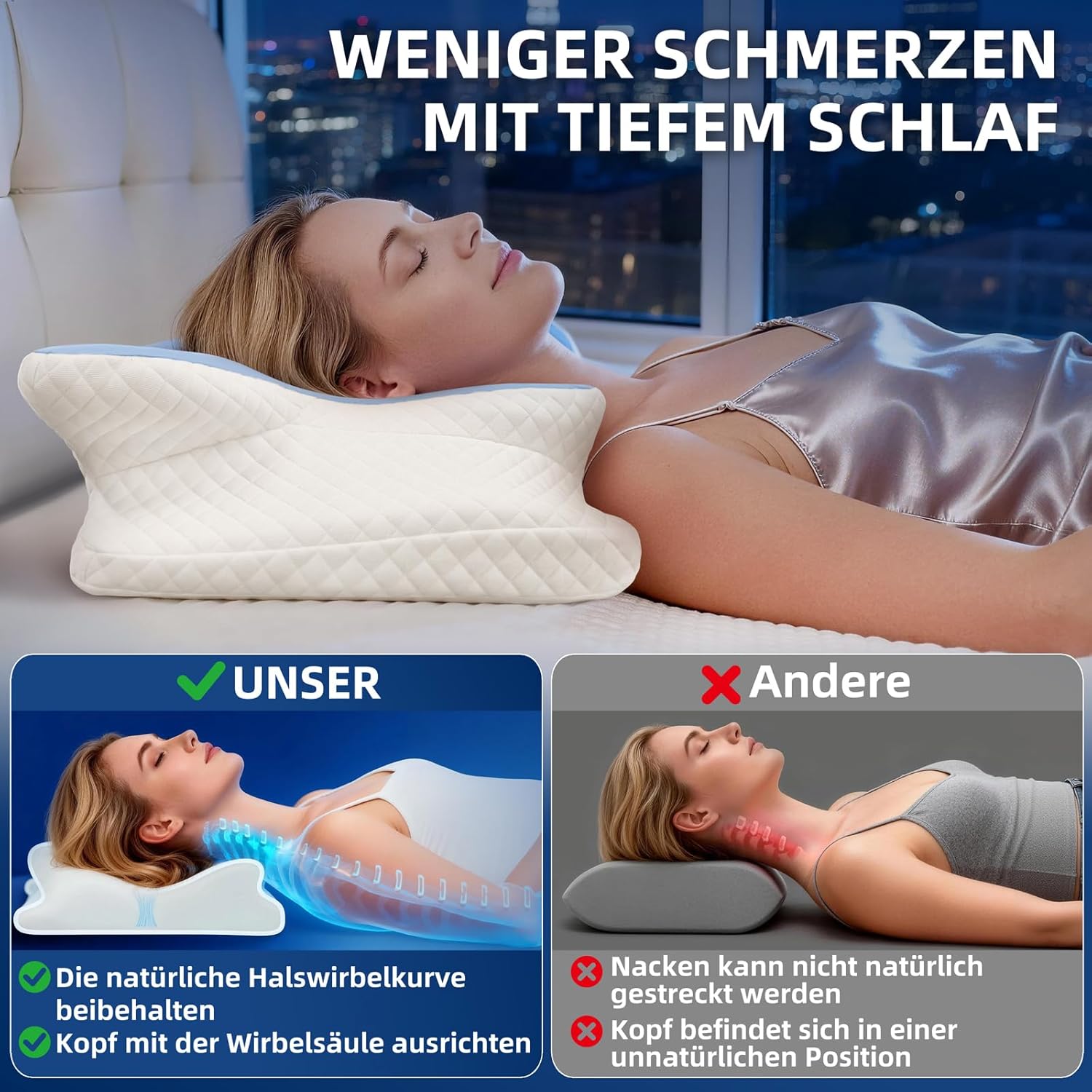 Nackenkissen mit Memory-Schaum – orthopädische Schmetterlingsform für Seitenschläfer, abnehmbarer, waschbarer Kühlbezug, für Erwachsene in allen Positionen – Bild 2