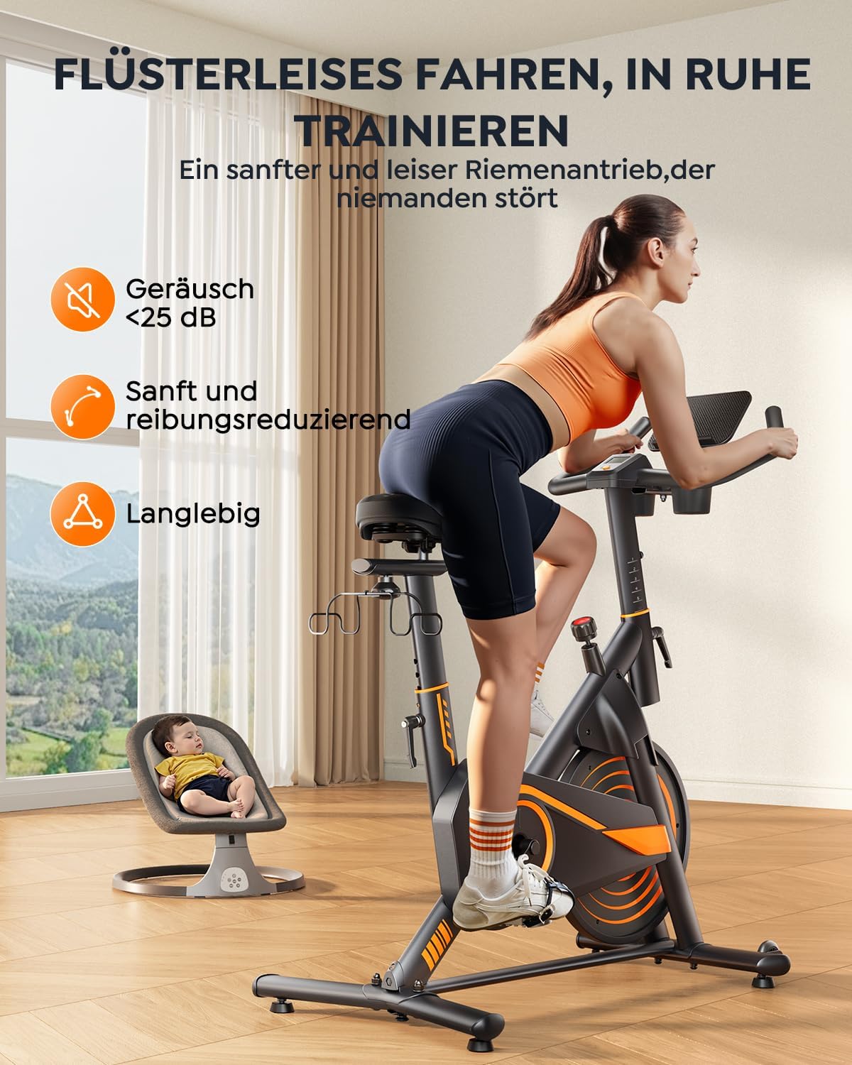 Hometrainer Fahrrad mit App, Ultraleise Heimtrainer Fahrrad, Ergonomisches Design, LCD Display mit Pulsmessung, Magnetischer Widerstand, 15KG Schwungrad, Bis 160KG – Bild 2