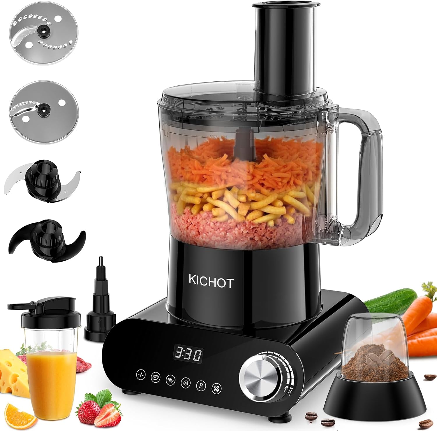 Küchenmaschine & Zerkleinerer, 2,5 l Küchenmaschine mit Zubehör, Mahlschüssel, 1500 W mit großem Einfüllschacht, Eis zerbröckeln, mahlen, Zitruspresse, Reiben, Schneiden & Teigzubereitung, Schwarz
