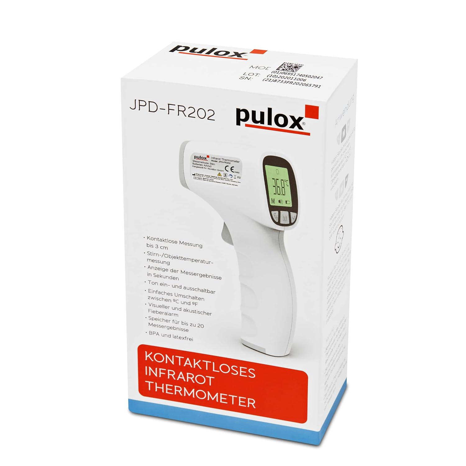Pulox JPD-FR202 Infrarot-Fieberthermometer – Kontaktloses Stirn- und Oberflächenthermometer für Babys und Erwachsene – LCD-Display, Fieberalarm und Speicherabruf – Bild 5