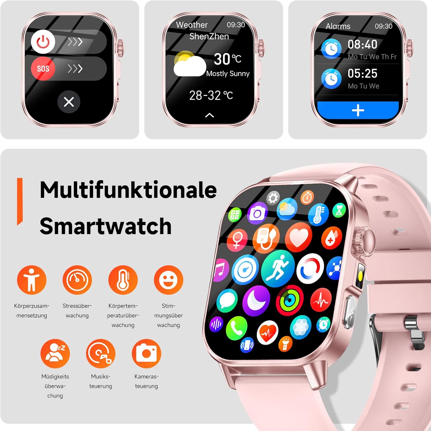 Damen-Smartwatch mit EKG-/Schlafmonitor, BMI, HRV, LED-Licht, 2,0 Zoll, Gesundheitsuhr mit 24-Stunden-Blutdruckmessung, SpO2, Harnsäure, Herzfrequenzmesser, Körpertemperatur, SOS-Notruf, Fitness – Bild 8