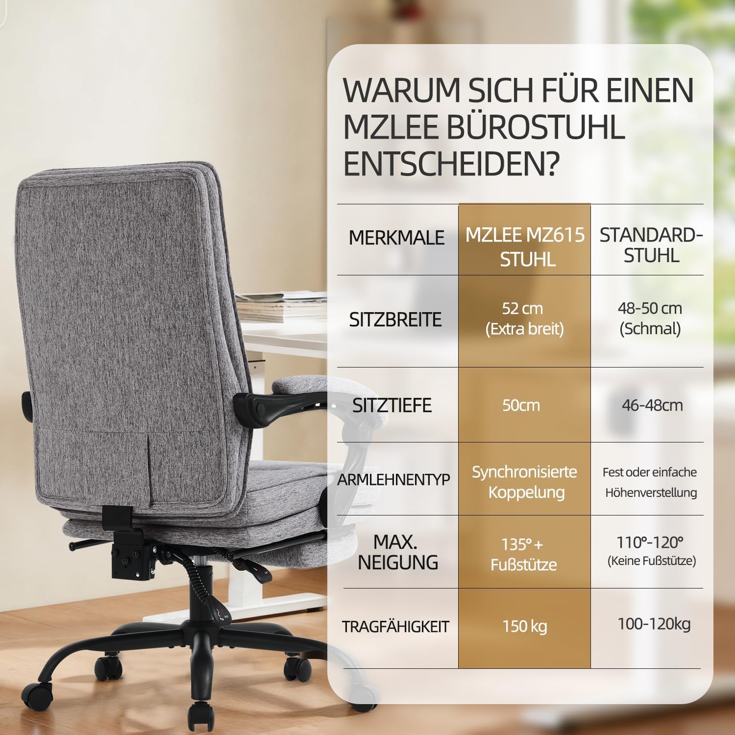MZLEE Ergonomischer Bürostuhl, Schreibtischstuhl mit Fußstütze, 90-135° neigbarer Drehstuhl, Höhenverstellung und Mittagspausenfunktion, Chefsessel für Büro und Zuhause, 150 kg Tragkraft – Bild 9