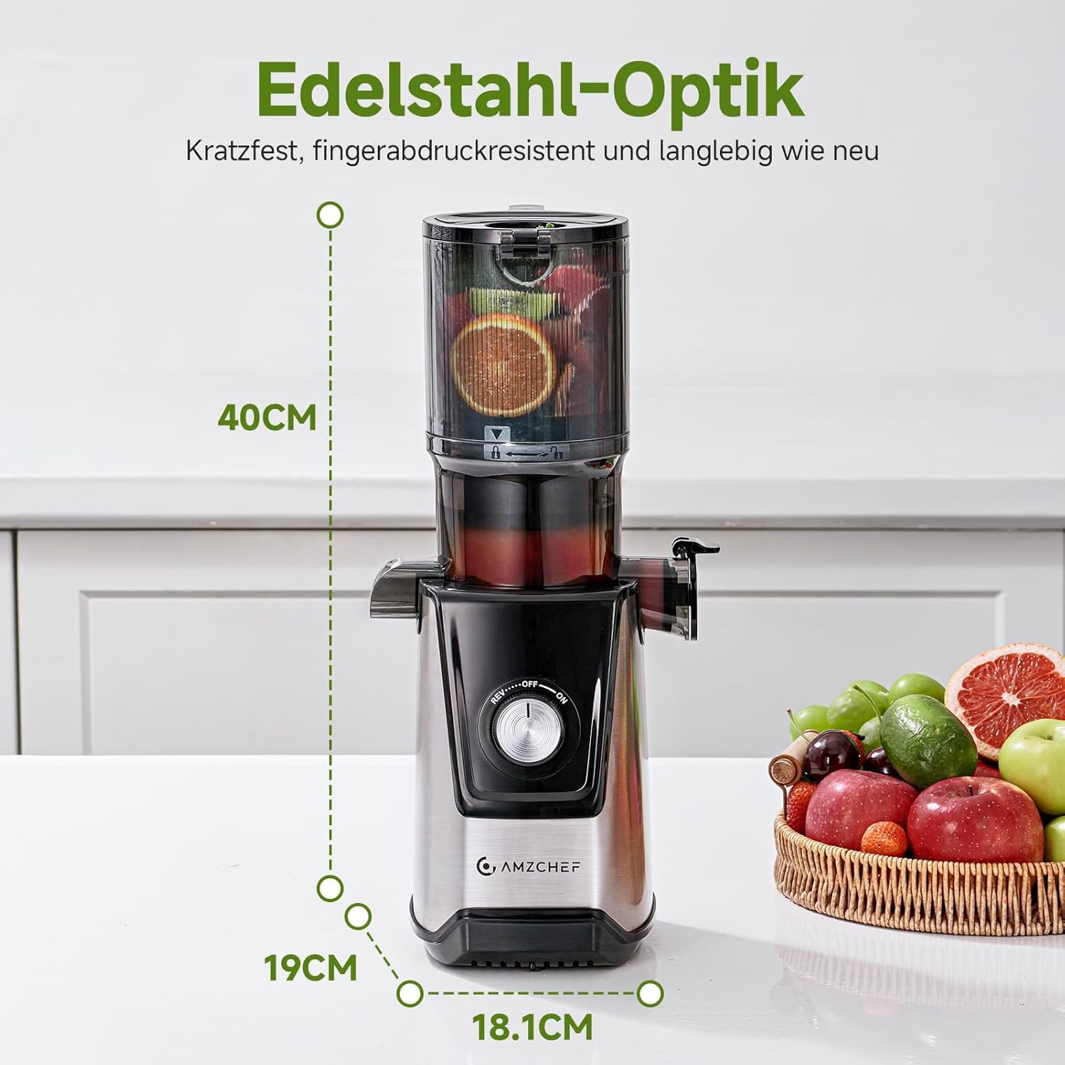 AMZCHEF Slow Juicer Entsafter mit 118 mm großer Einfüllöffnung für ganze Früchte und Gemüse, 180 W Kaltentsafter, leicht zu reinigen, Silber – Bild 2