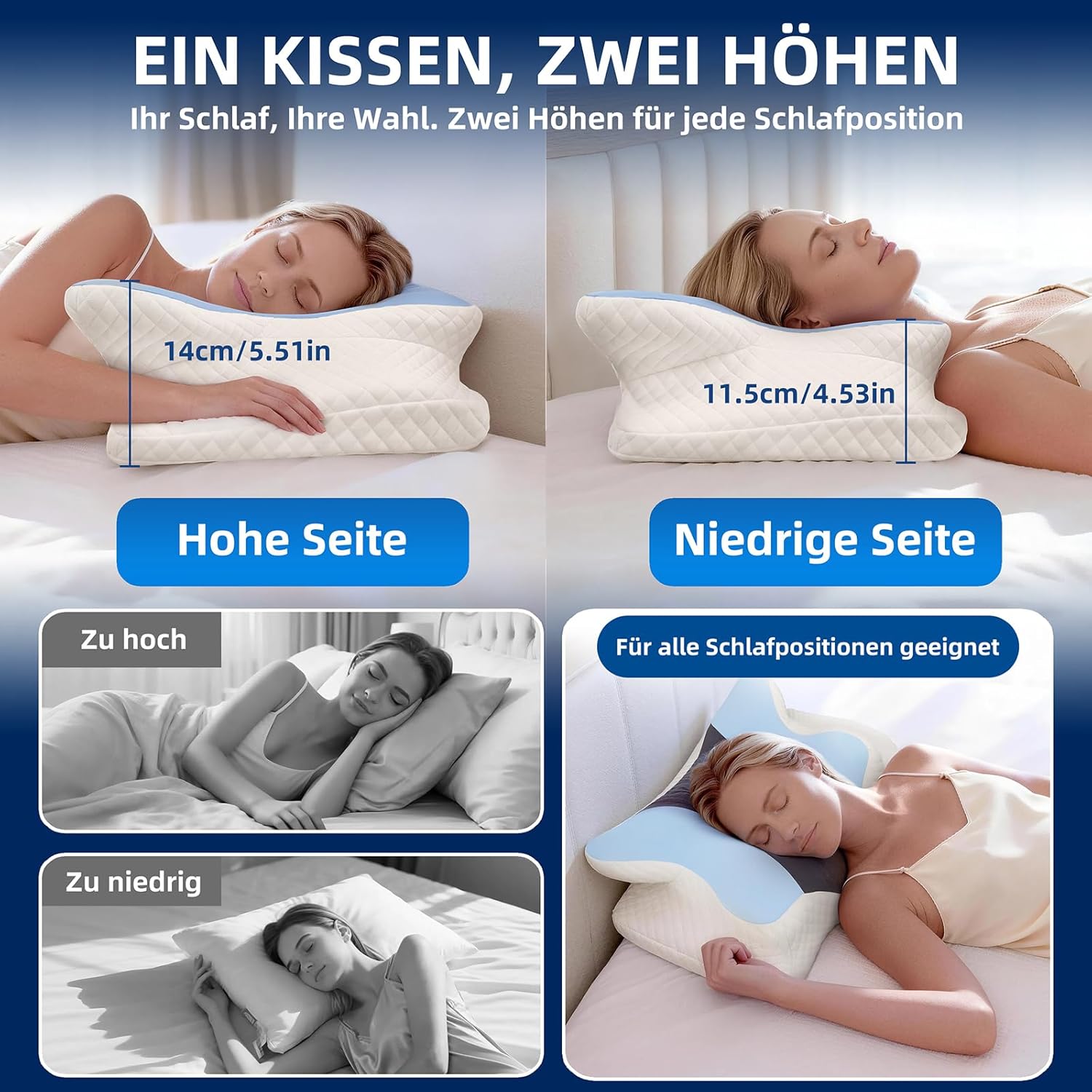 Nackenkissen mit Memory-Schaum – orthopädische Schmetterlingsform für Seitenschläfer, abnehmbarer, waschbarer Kühlbezug, für Erwachsene in allen Positionen – Bild 3