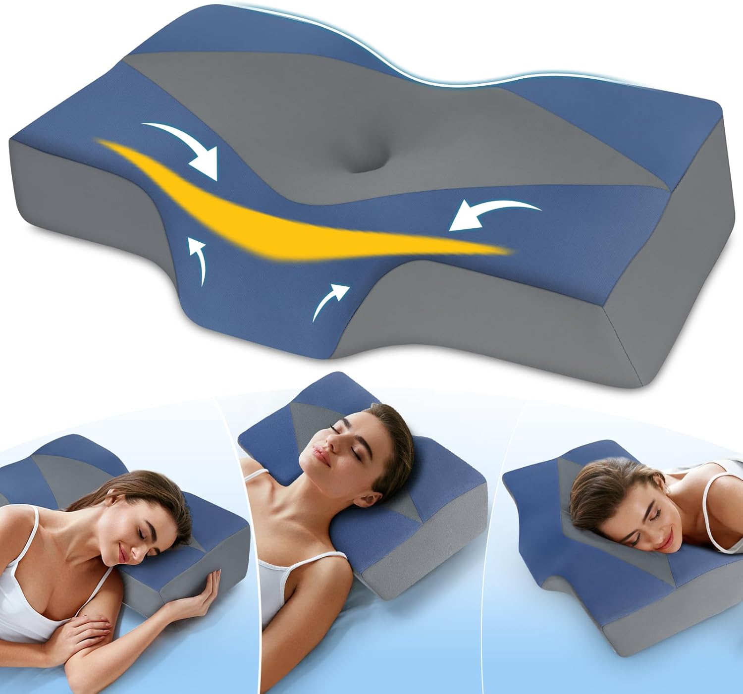 Nackenstützkissen gegen Nackenschmerzen, orthopädisches Kissen, ergonomisches Memory-Schaum-Nackenkissen mit 2 Höhen, Hohlraum und Kühlbezug, für Seiten- und Rückenschläfer – Dunkelblau – Bild 8