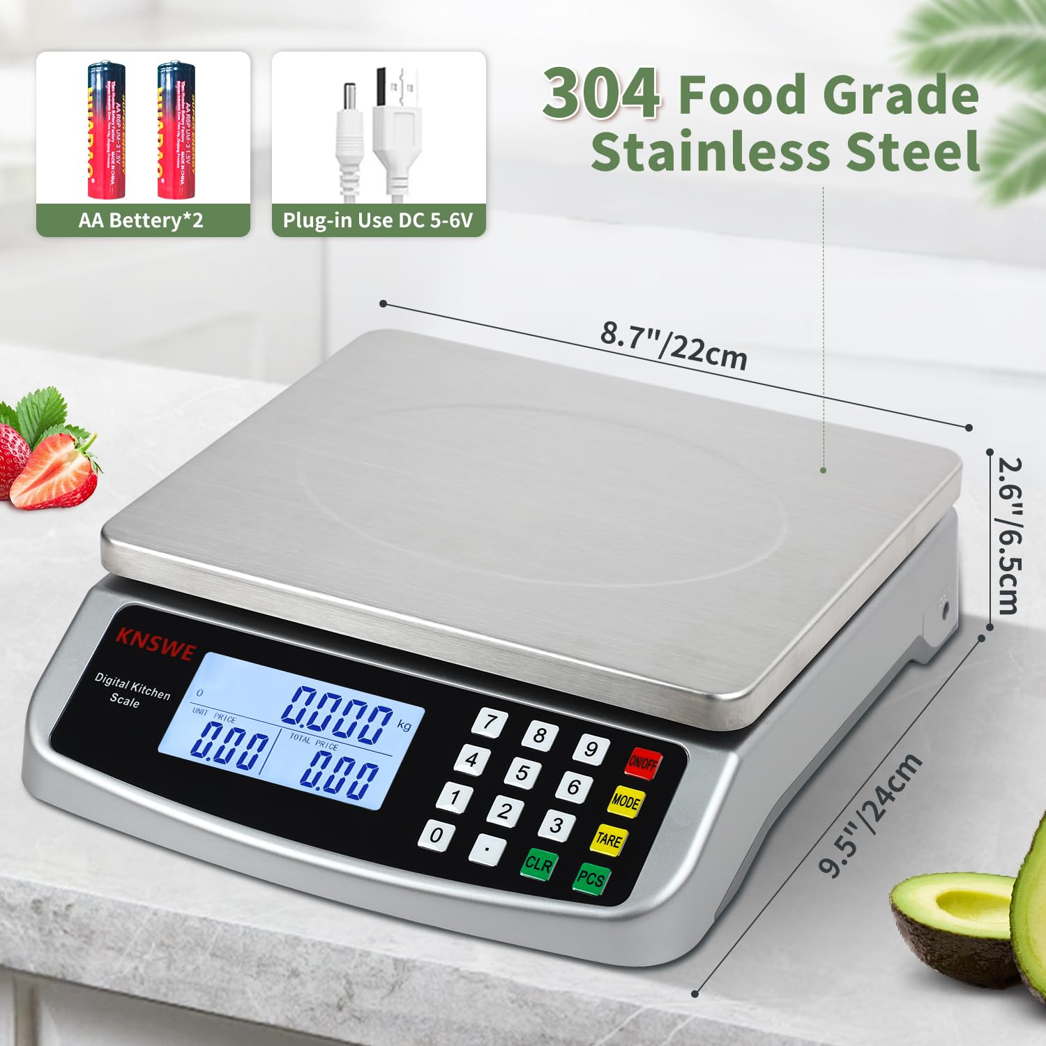 Küchenwaage 40 kg/1G, professionelle digitale Küchenwaage, große Edelstahl-Lebensmittelwaage, Obstwaage mit Tara-Funktion, PCS-Zählwaage, LCD-Display und 5 Maßeinheiten, Silber – Bild 2