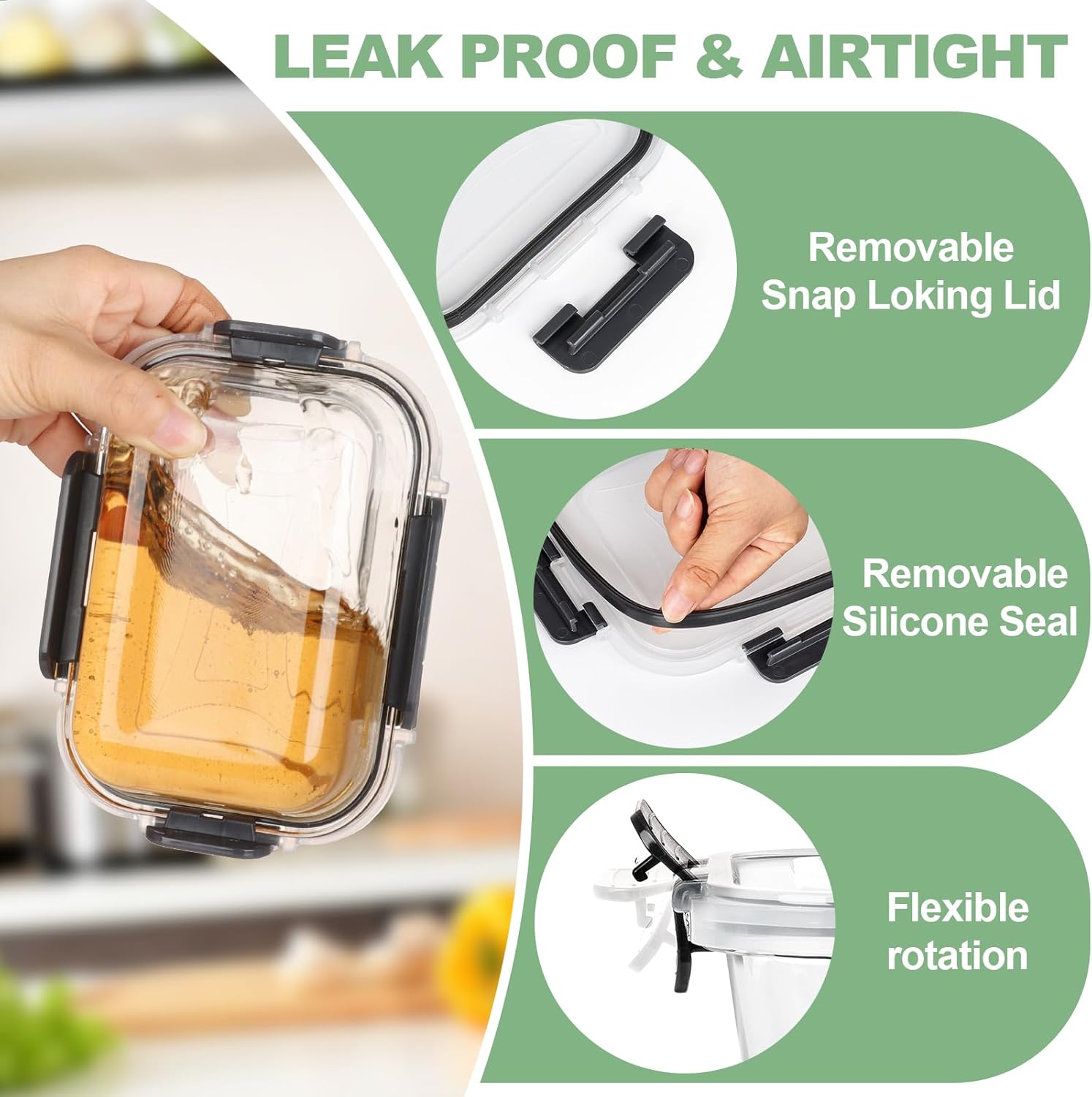 Skroam 24-teiliges Glasbehälter-Set mit Deckel – Frischhaltedosen für Lebensmittel, Meal-Prep-Boxen, mikrowellengeeignet, BPA-frei (12 Behälter & 12 Deckel) – Bild 3