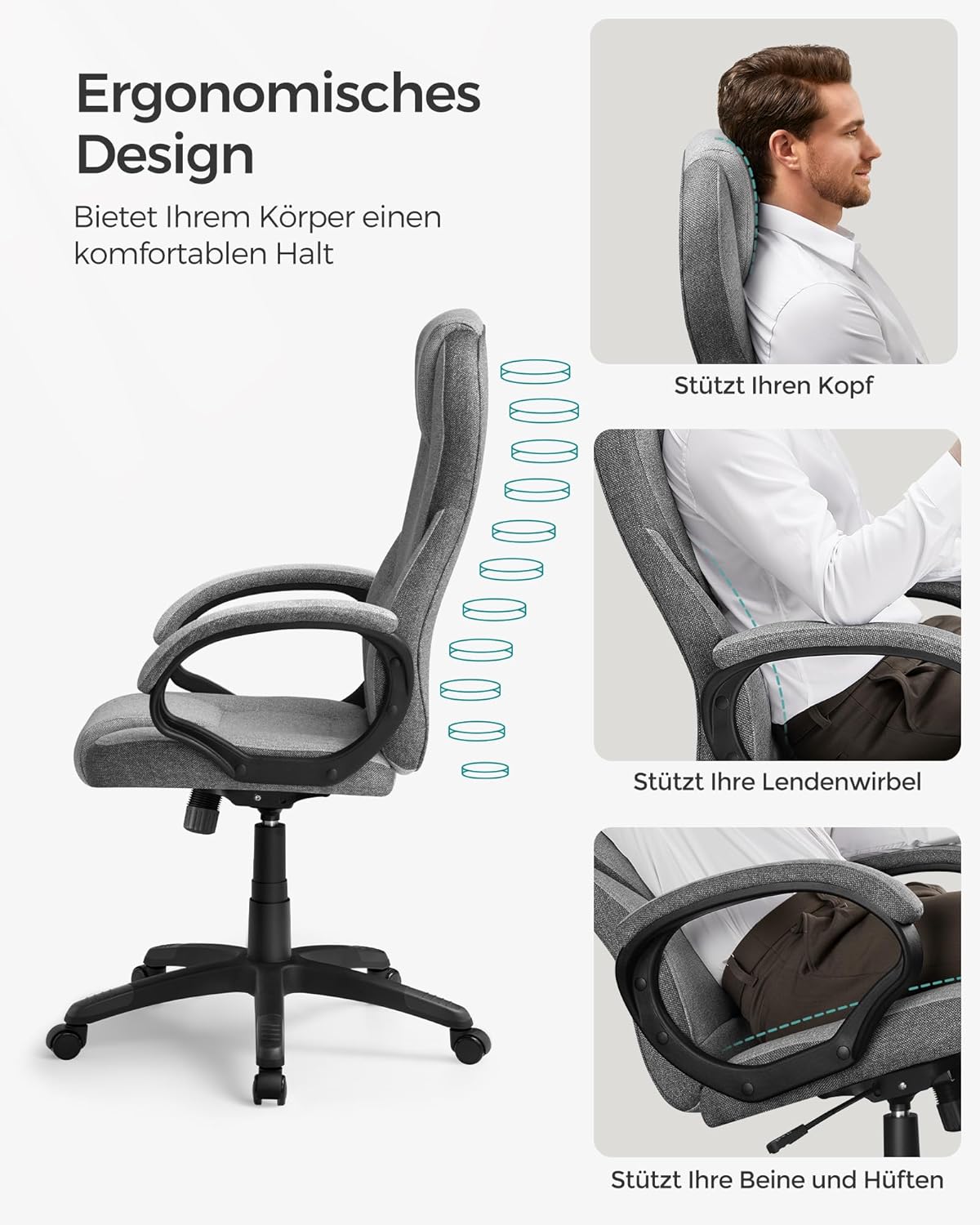 SONGMICS OBG022G01 Bürostuhl, Gaming-Stuhl, ergonomischer Chefsessel, drehbar und höhenverstellbar, Workstation, mit Rollen, Taubengrau OBG022G01, 7370 (112-122) cm – Bild 5