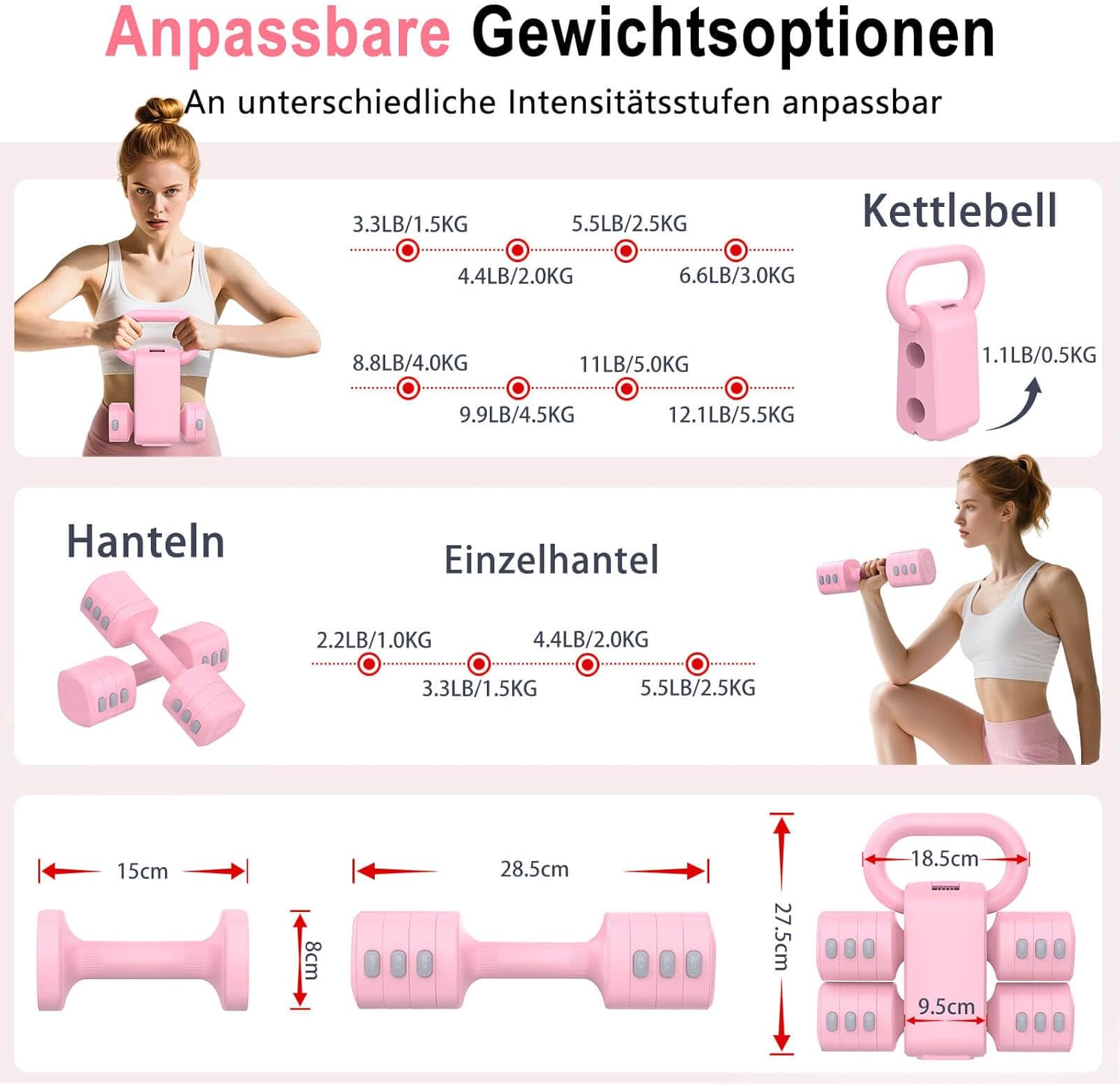 2-in-1 verstellbares Kurzhantel- und Kettlebell-Set für Damen, 4 Stufen (1–2,5 kg), Kurzhantel-Hantel-Set, verstellbar, Krafttrainingsgerät für Ganzkörpertraining – Bild 3