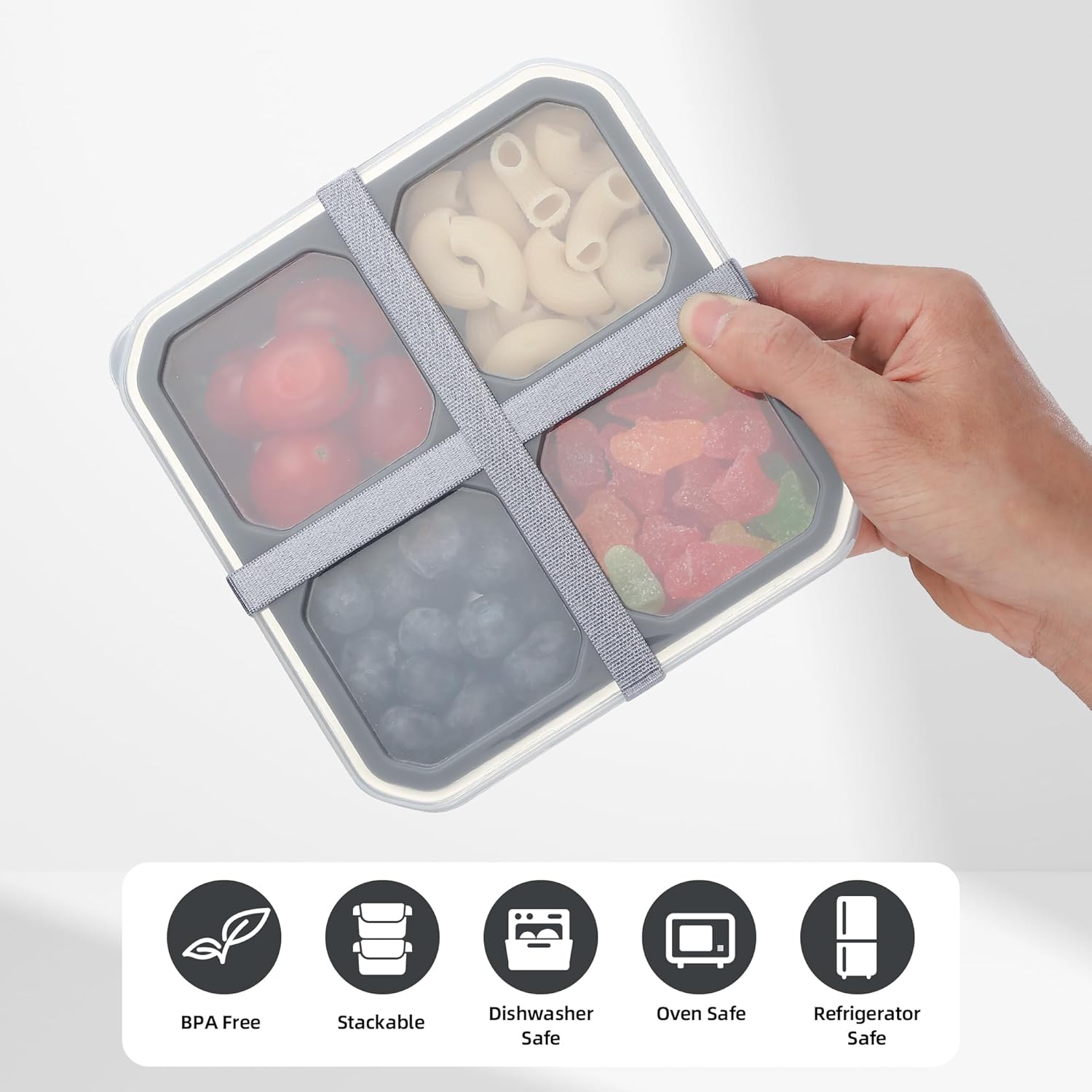 Misichao Snackbehälter, Snackbox Kinder mit 4 Fächern, Edelstahl-Brotdose mit grauem Deckel, wiederverwendbarer Meal-Prep-Lunchbehälter für Kinder und Erwachsene, für Schule, Arbeit – Bild 3
