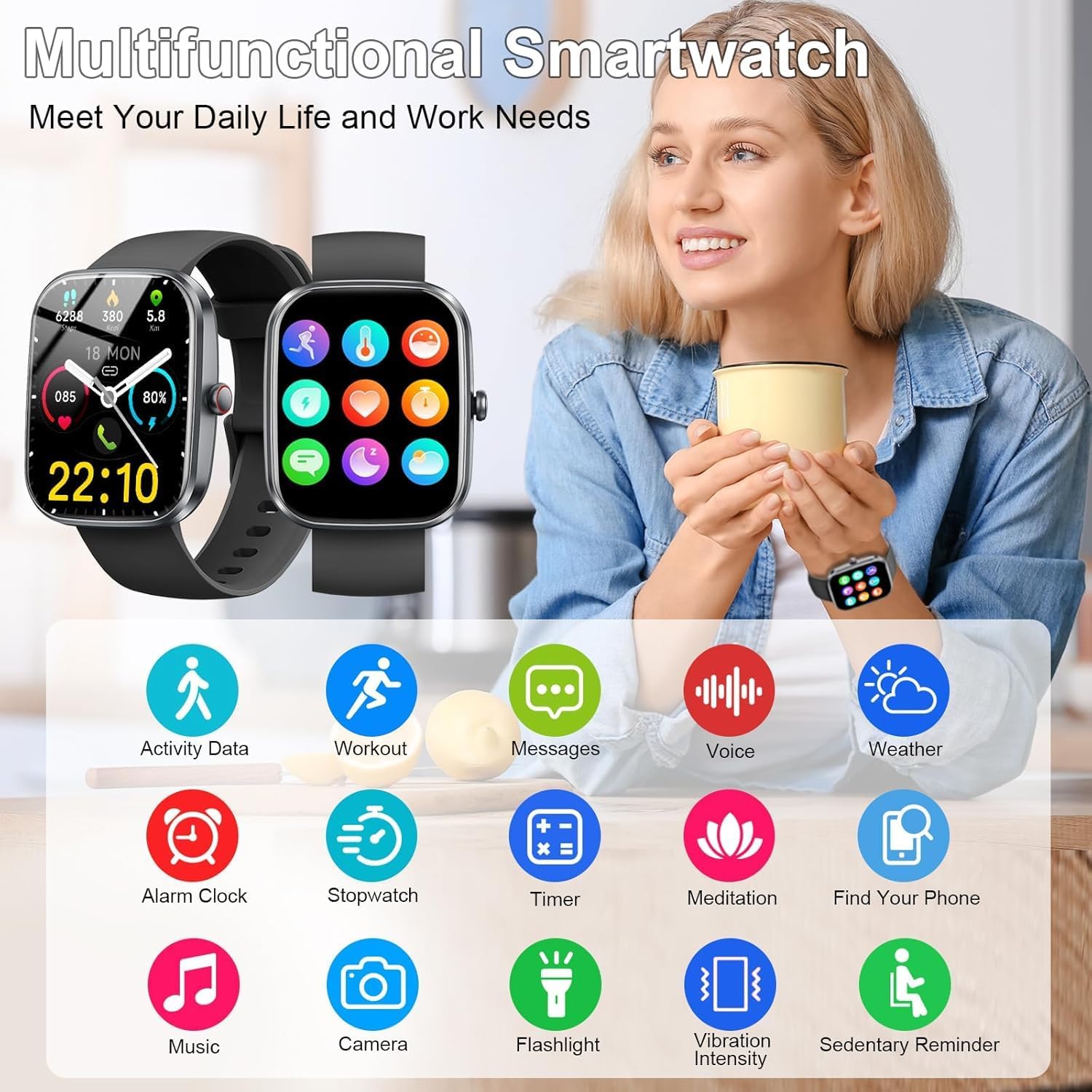 Smartwatch Herren Damen 1,96 Zoll HD Smartwatch Damen mit Telefonfunktion, Smartwatch Fitnessuhr 100+ Sportmodi, IP68 Wasserdicht, Sportuhr mit Herzfrequenz-Schlafmonitor Schrittzähler für Android – Bild 6