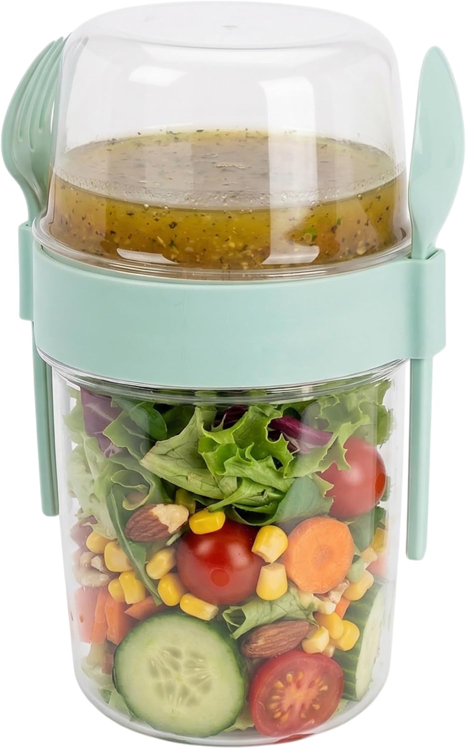 MIJOMA Salat-To-Go-Becher mit Besteck 1100 ml, auslaufsicher, BPA-frei – Meal-Prep-Behälter mit extra Fach für Dressing & Toppings – Salatbox für Reisen & Büro (Mintgrün)
