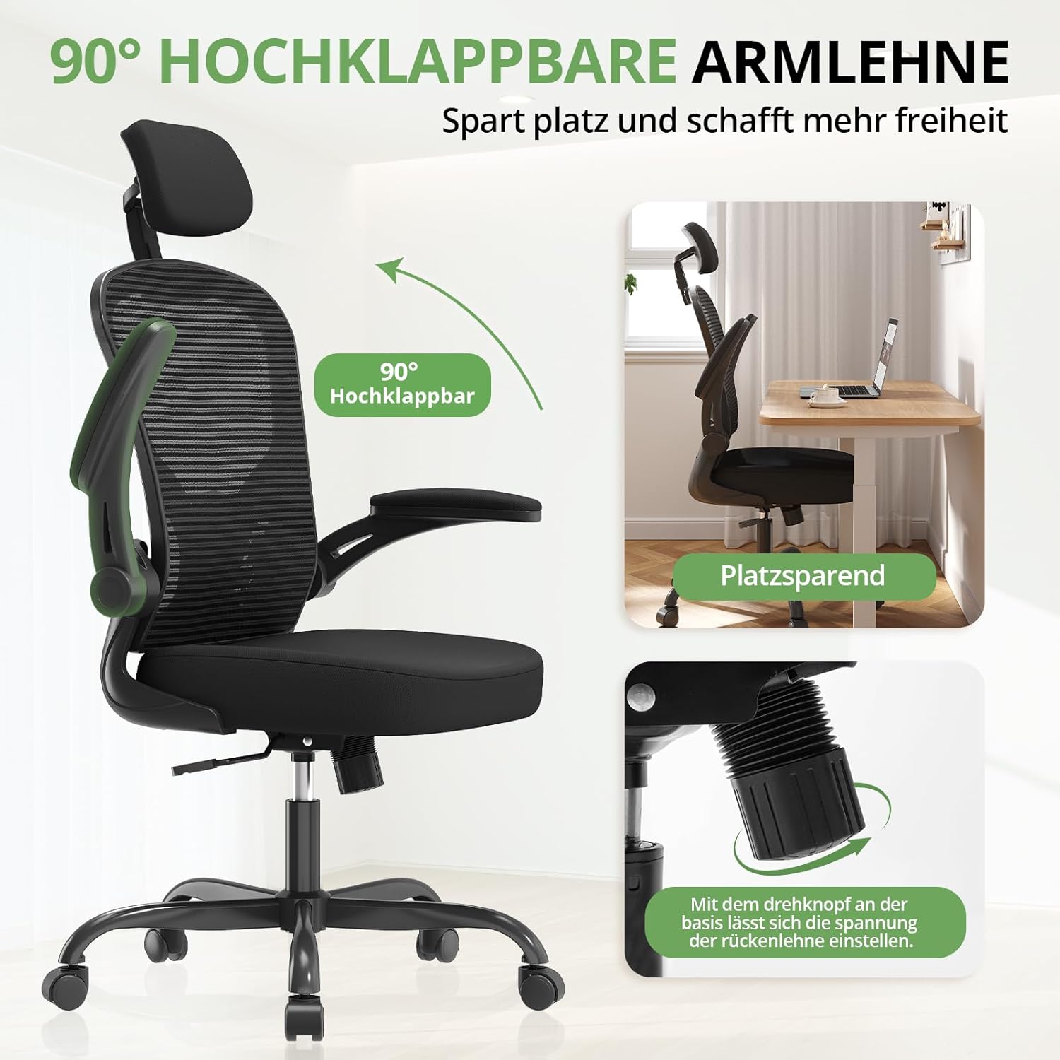 Synorla Bürostuhl, Langzeitkomfort, Schreibtischstuhl mit hoher Rückenlehne für den Heim-/Bürogebrauch, 360° drehbarer Gaming-Stuhl mit um 90° hochklappbaren Armlehnen und verstellbarer Lendenwirbelstütze, Schwarz – Bild 4
