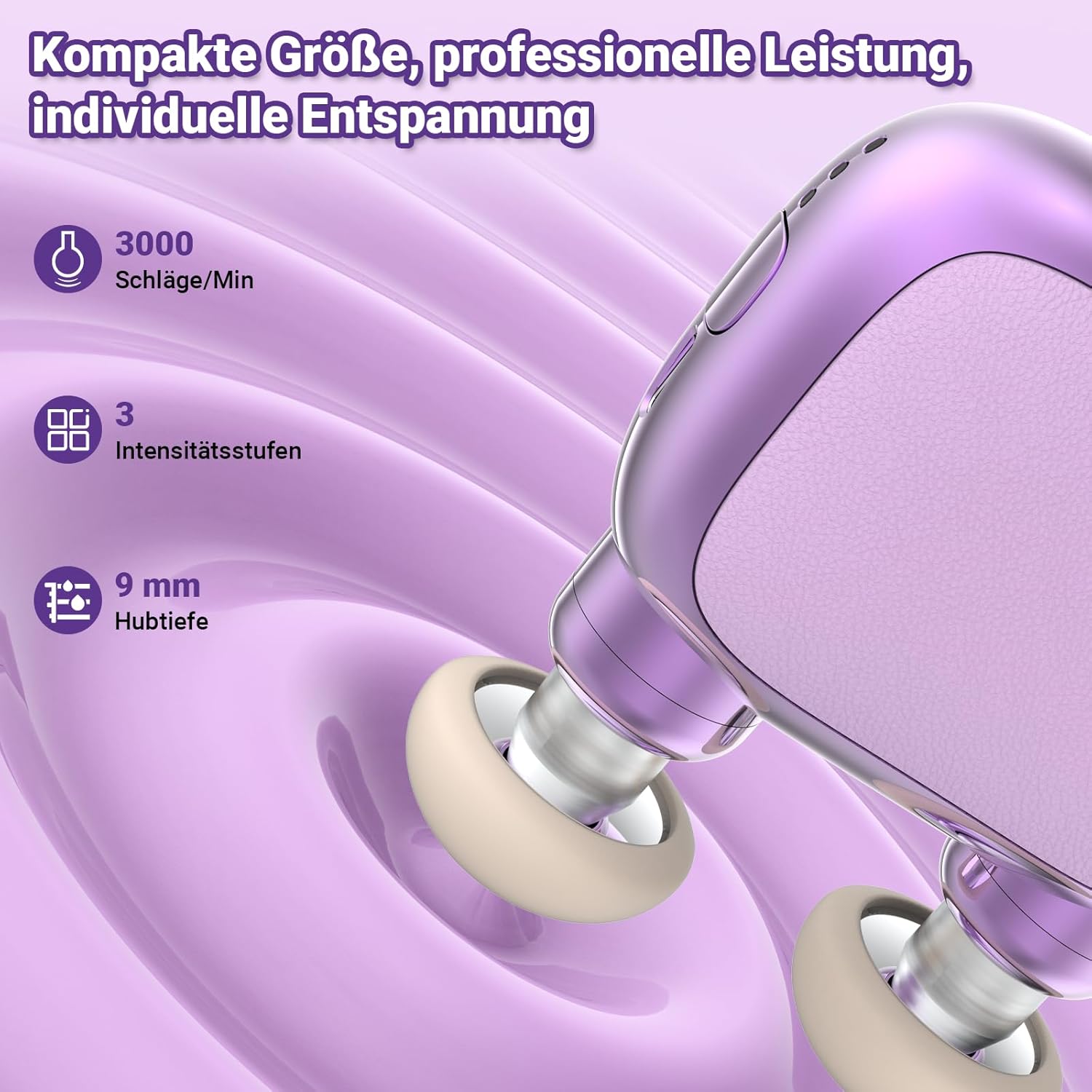 Massagepistole Mini Dual Head – Leises Nacken-Massagegerät mit 9 mm Tiefengewebe-Massage, 3 Silikonaufsätzen, tragbare Mini-Massagepistole mit 3 Intensitätsstufen (Lavendel Lila) – Bild 2