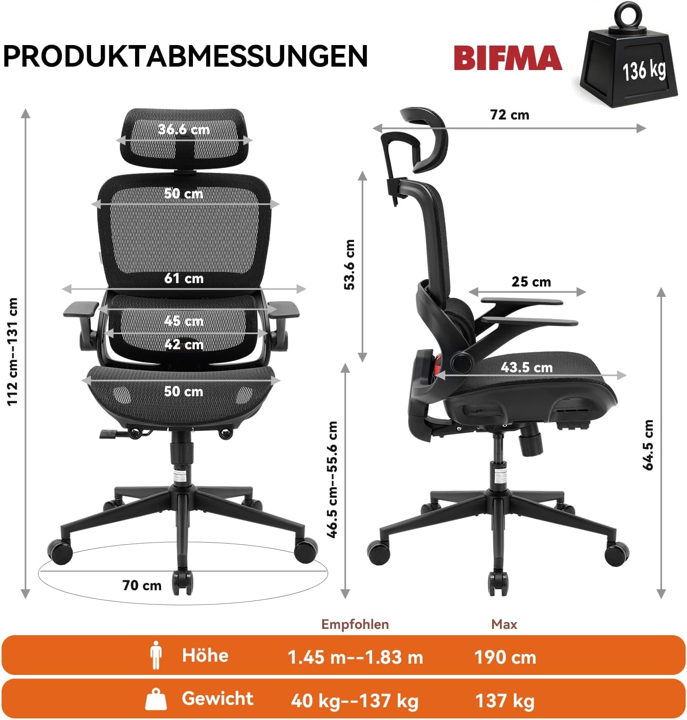 SIHOO Ergonomischer Bürostuhl, Schreibtischstuhl mit dynamischer 4D-Lendenwirbelstütze, breiter Kopfstütze und klappbaren Armlehnen, 90–135° neigbar, Schwarz – Bild 3