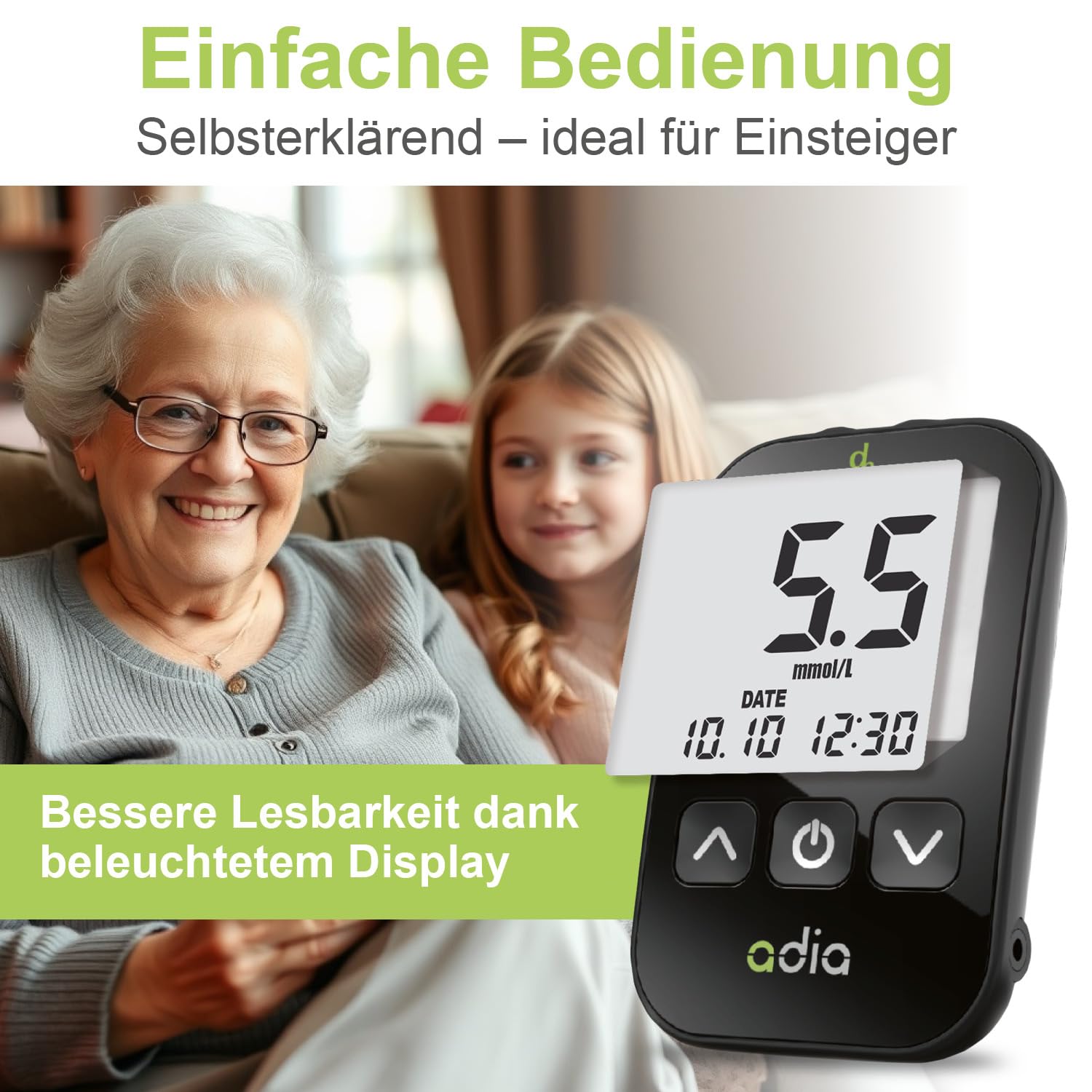 adia Blutzuckermessgerät (mmol/L, internationale Einheit) + 60 Blutzucker-Teststreifen, 10 Lanzetten, Stechhilfe & Koffer – Vorteilsset zur Blutzucker-Selbstkontrolle bei Diabetes – Bild 6