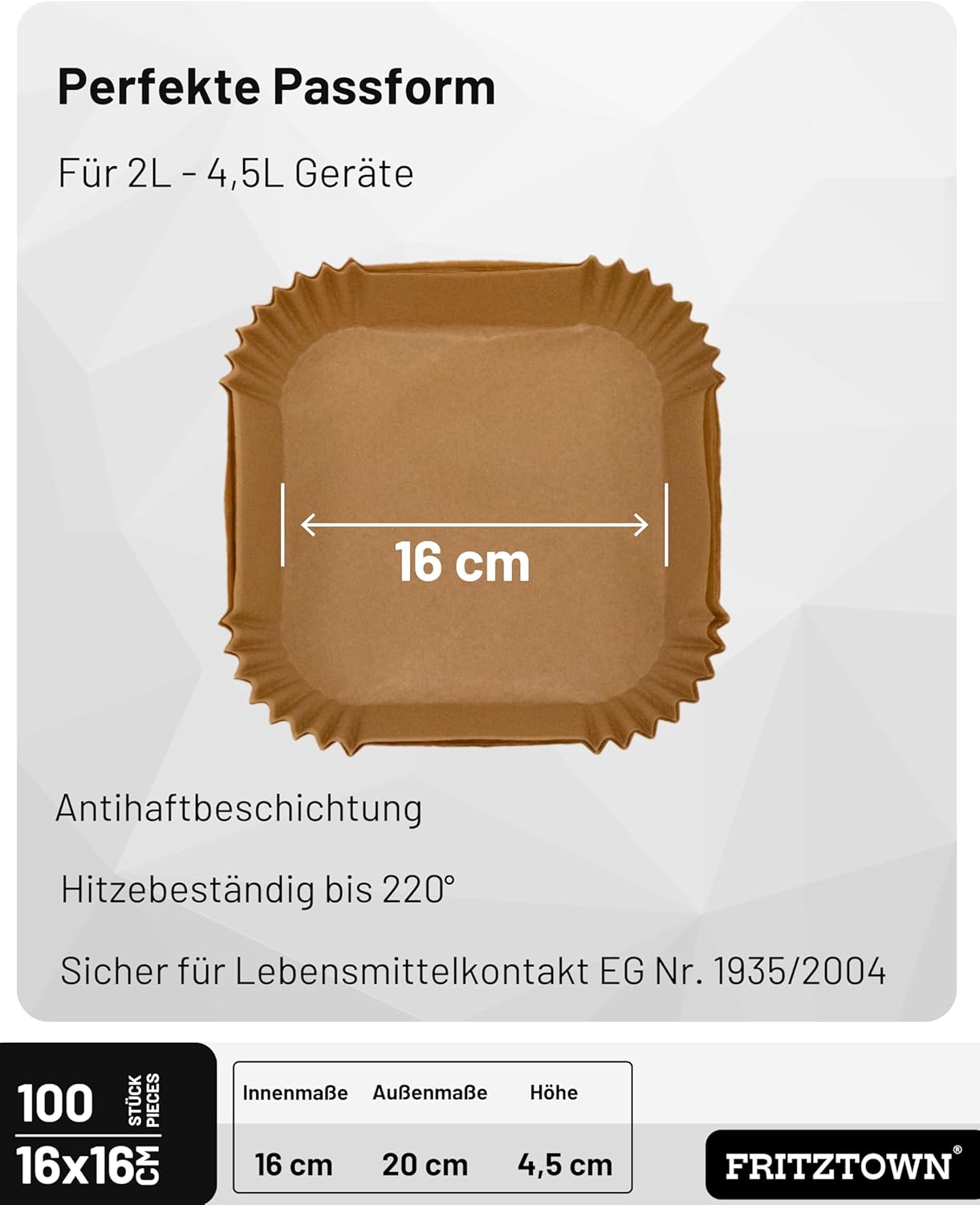 Backpapier für Heißluftfritteuse 1,2 L - 4,5 L | Heißluftfritteusen-Backpapier Pergamentpapier | 100 Blatt 16 x 16 cm quadratisch | Kompatibel mit Ninja COSORI Philips Cecotec Midea Russell XL XXL Airfryer – Bild 2