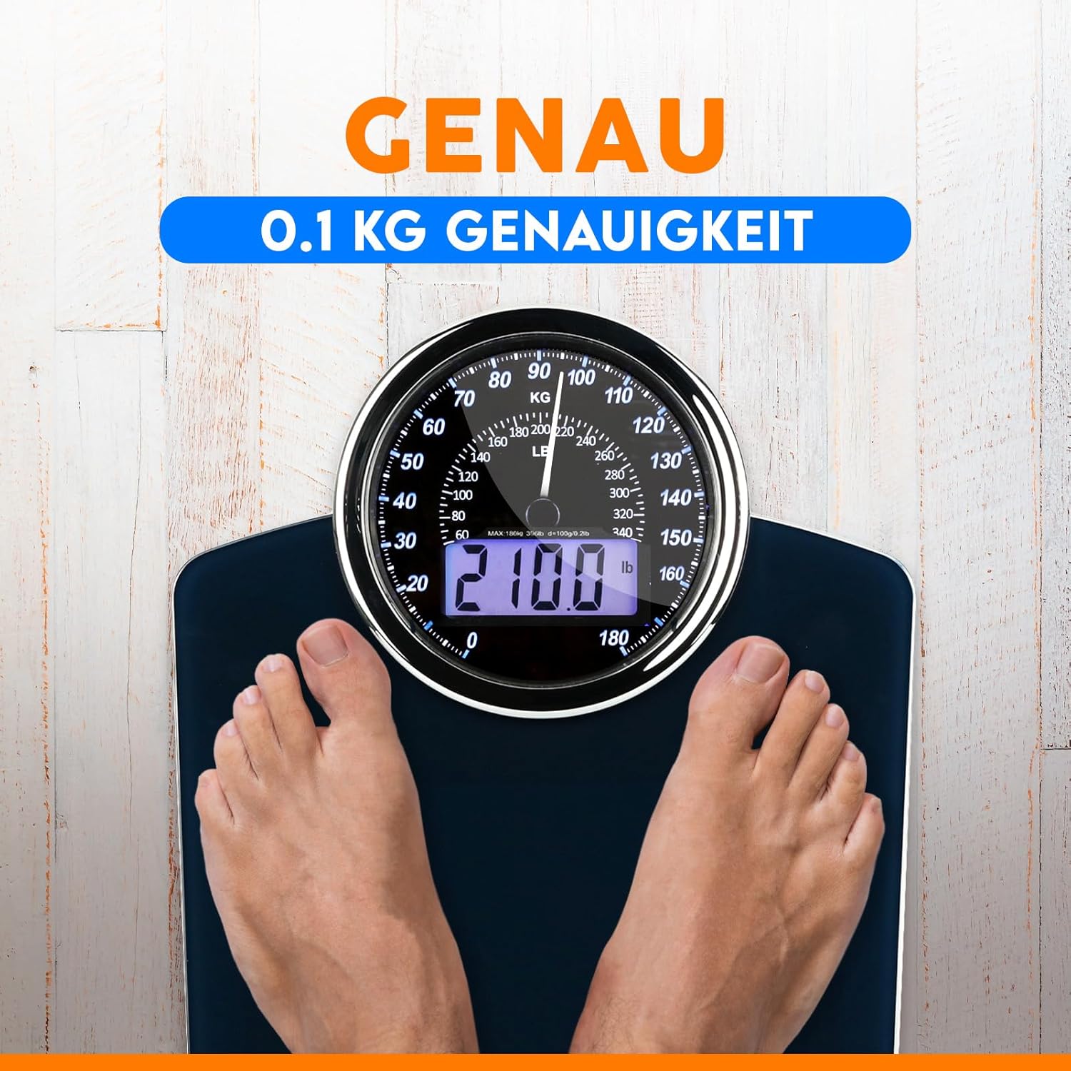 ZENO Hybrid 2-in-1 digitale und analoge Körperwaage bis 180 kg, dickes gehärtetes Glas, extra großes Display, gut ablesbare digitale Personenwaage, Dunkelblau – Bild 5